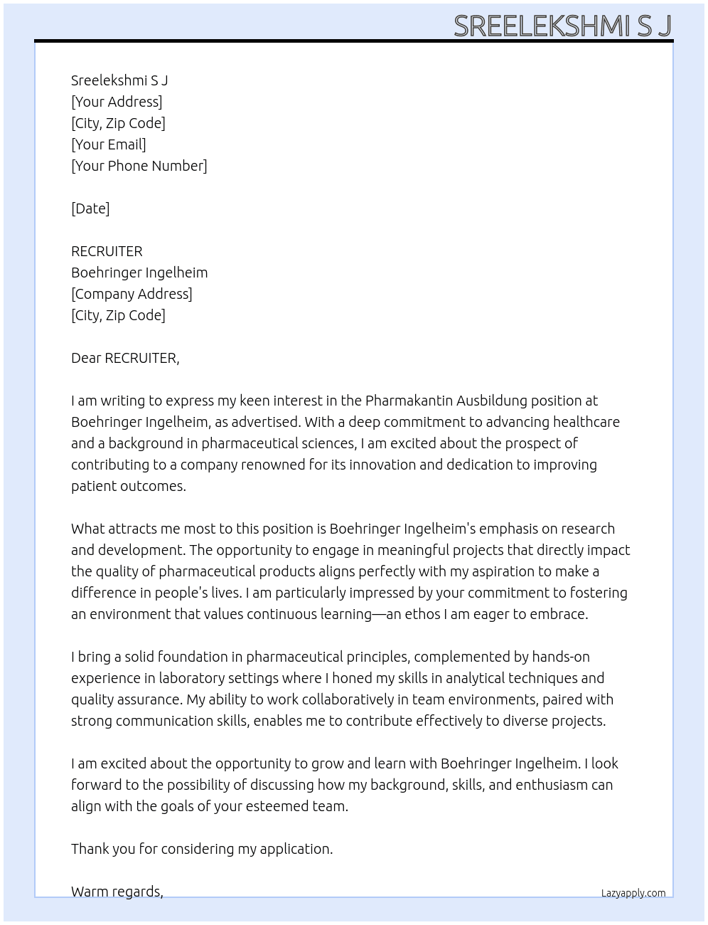 pharmakantin ausbildung At  Boehringer Ingelheim Cover Letter