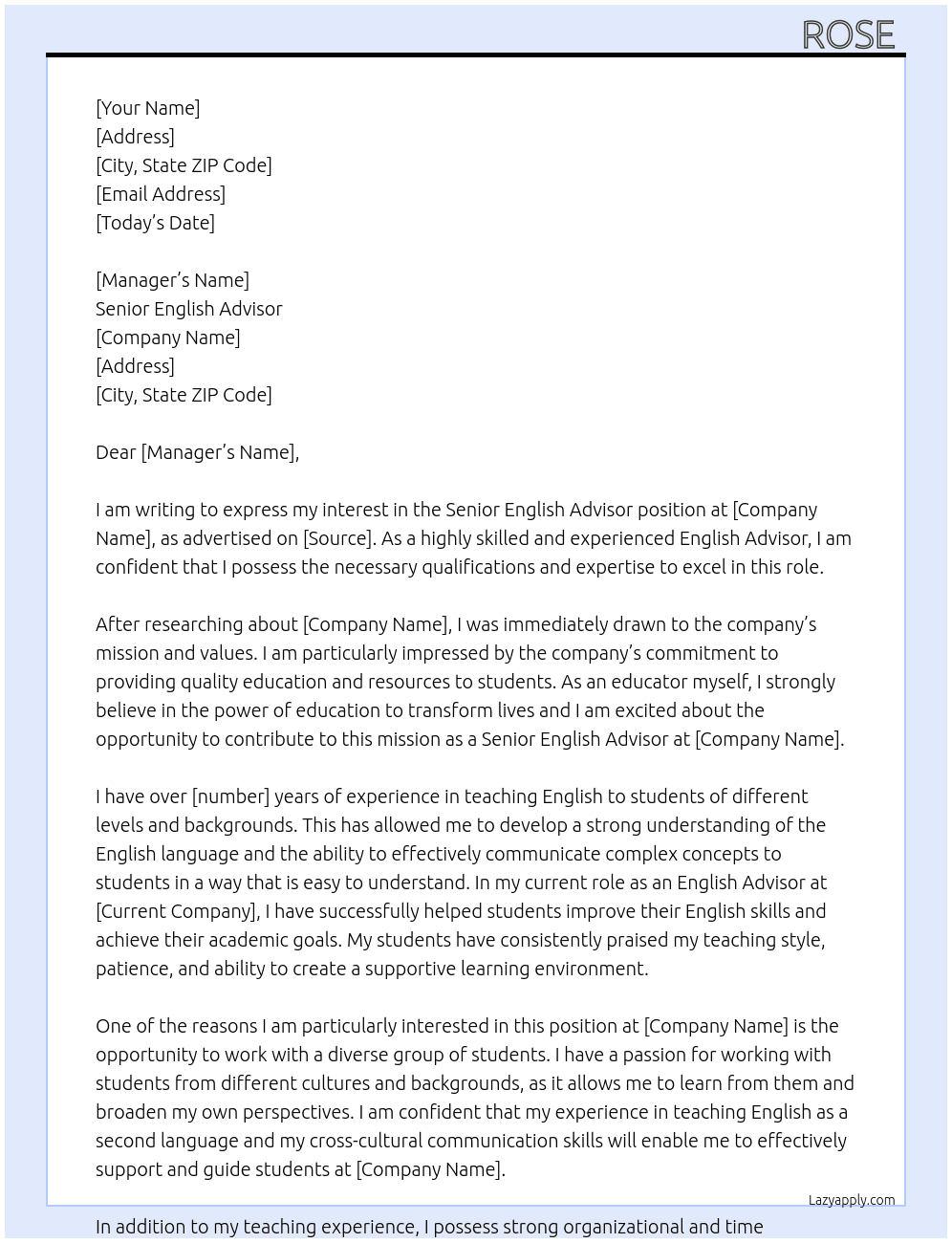 Senior English Advisor  At Agent  Cover Letter