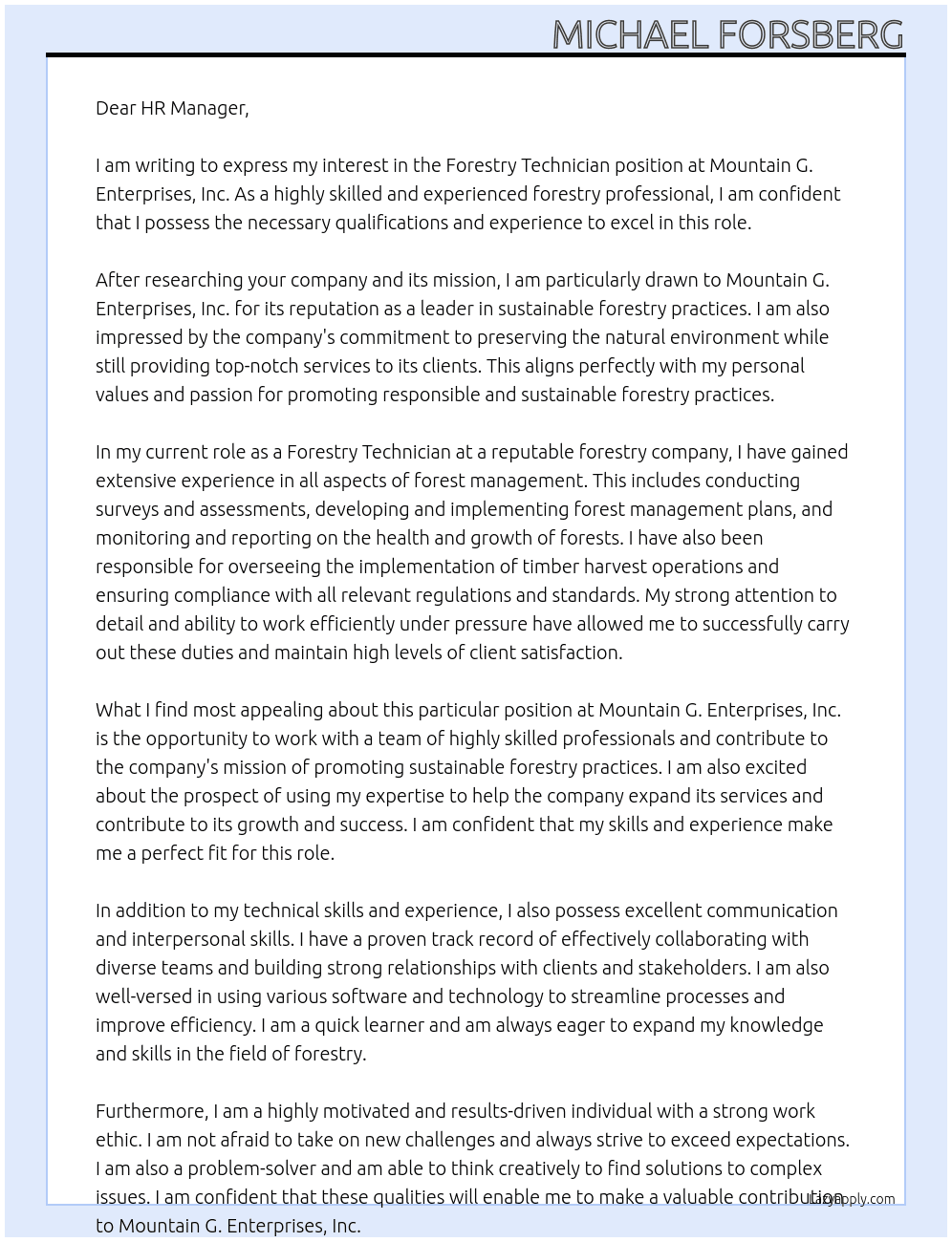 Forestry Technician At Mountain G. Enterprises, Inc. Cover Letter