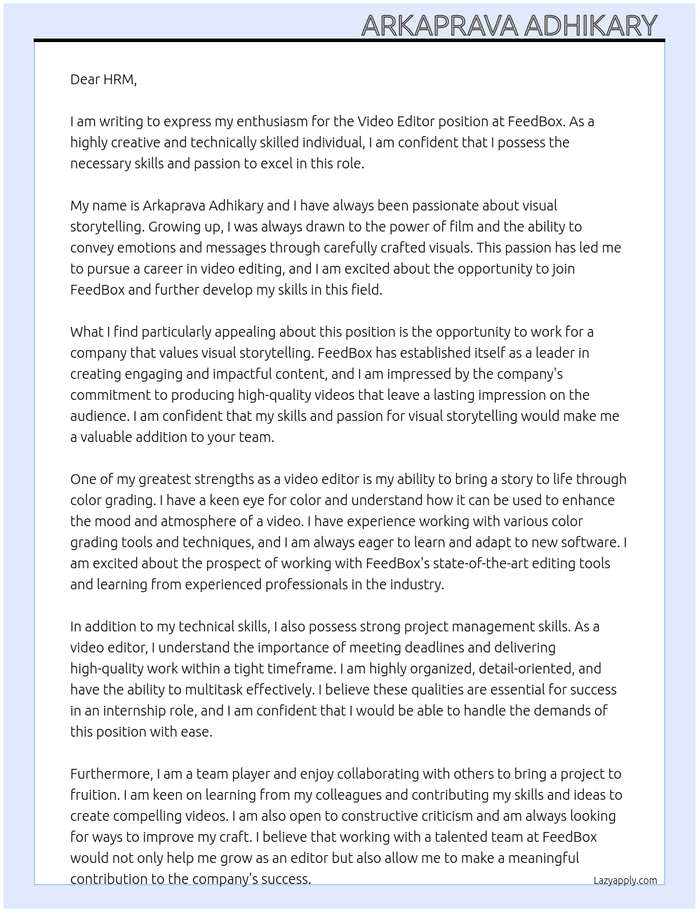 Video Editor  At FeedBox Cover Letter