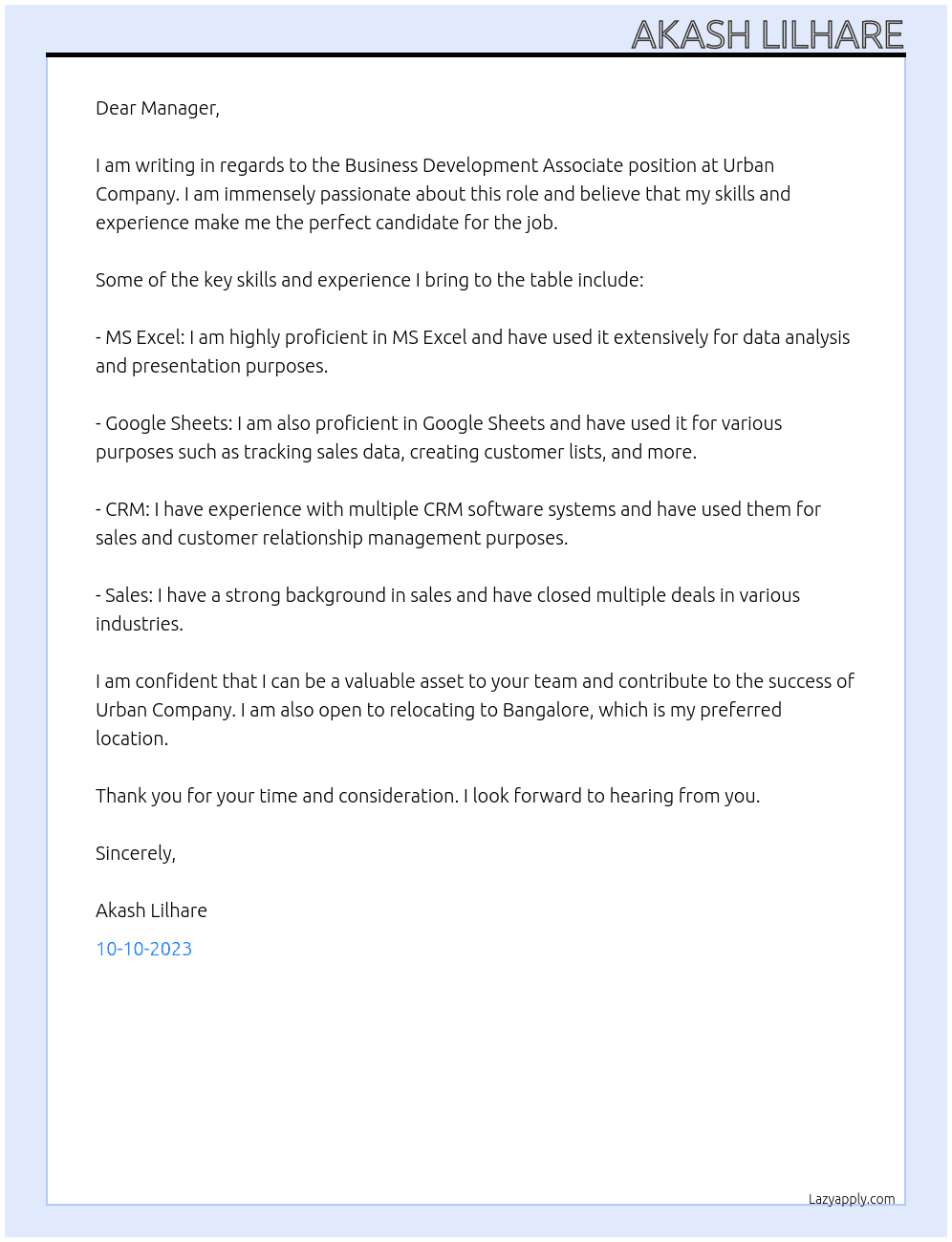 Business Development Associate  At Urban Company  Cover Letter