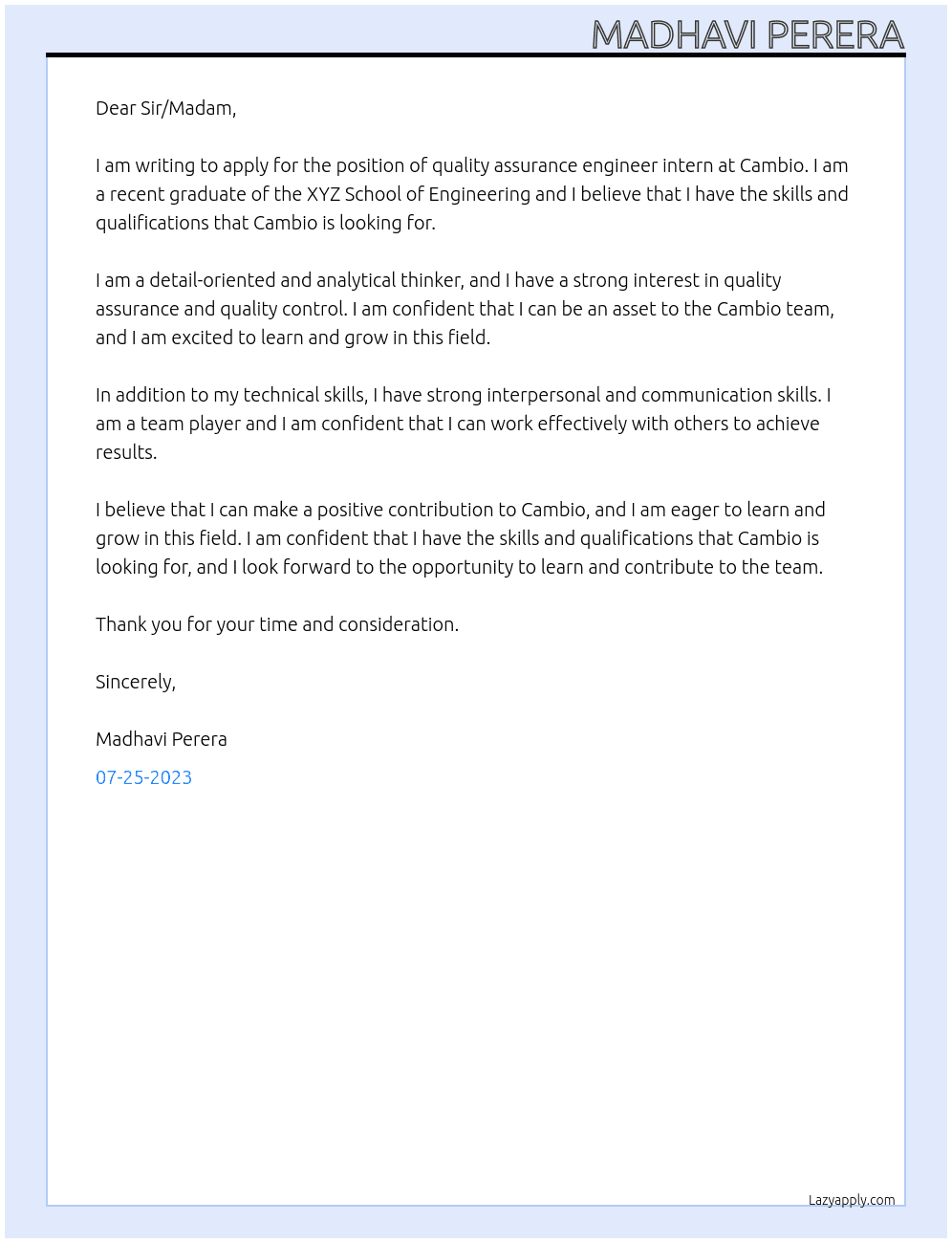 quality assurance engineer intern At Cambio Cover Letter