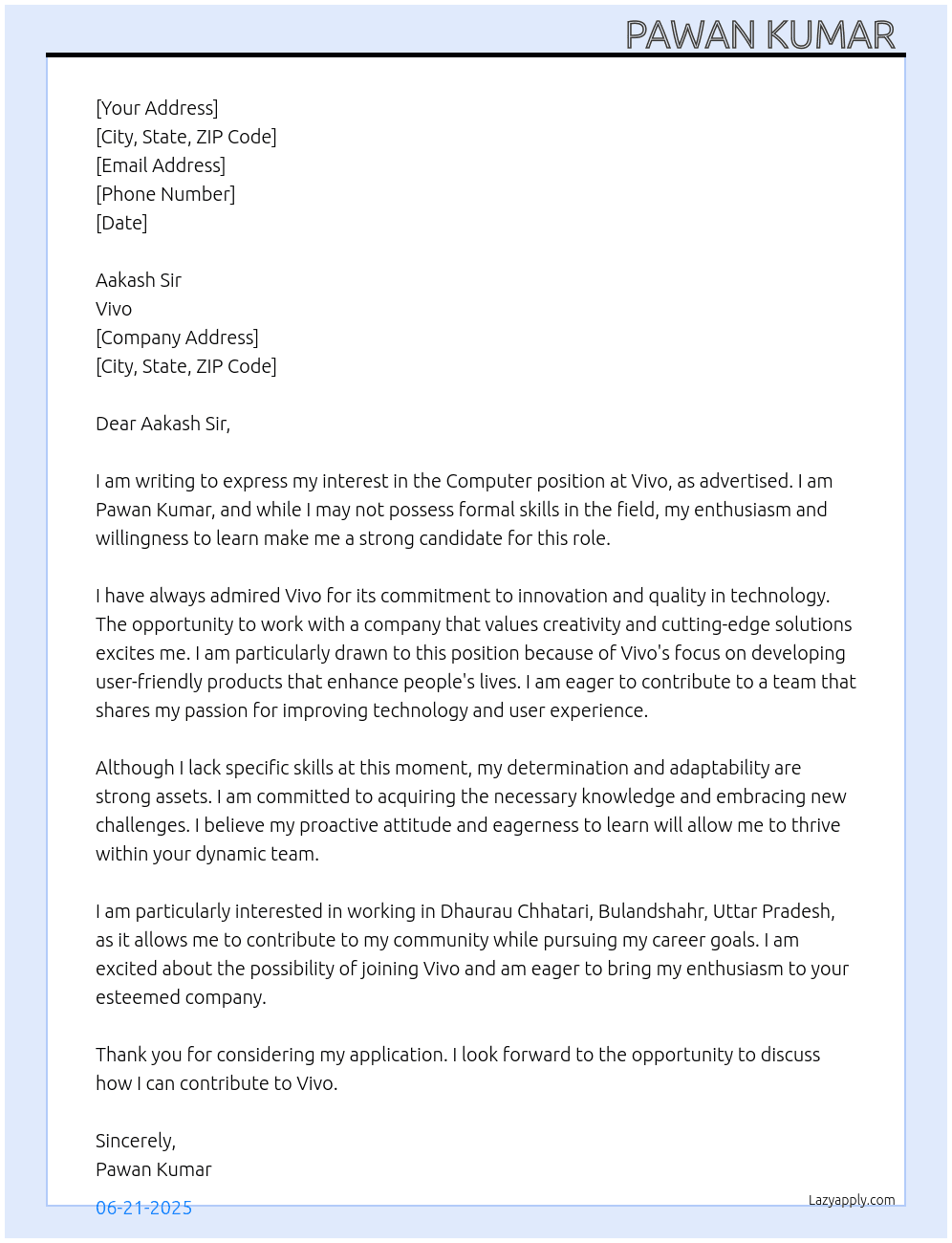Computer  At Vivo  Cover Letter