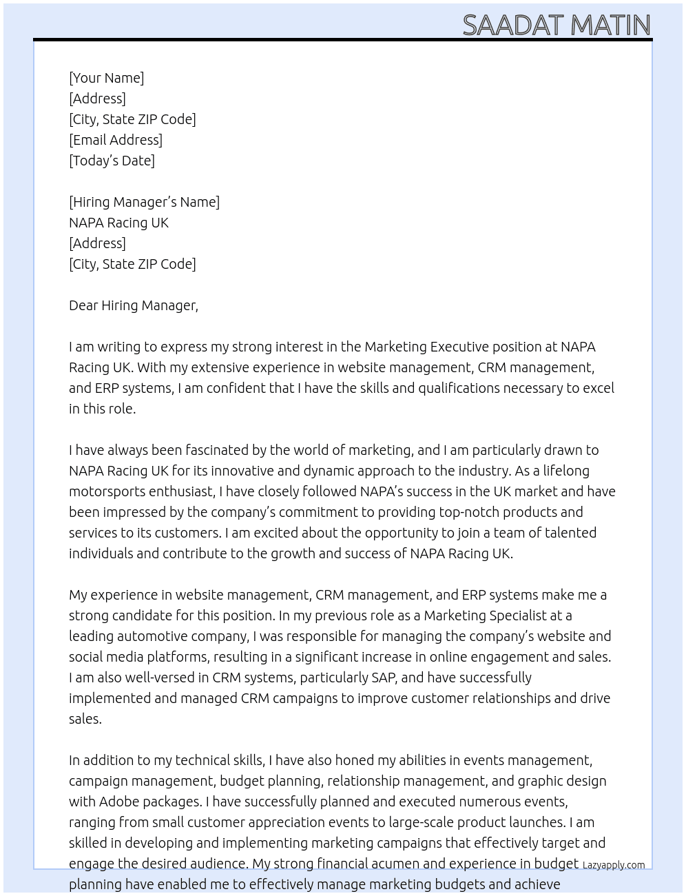 Marketing Executive  At NAPA Racing UK Cover Letter