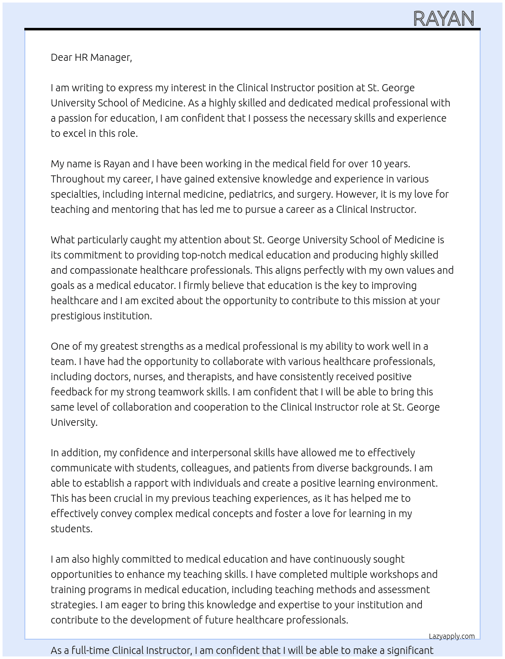 Clinical instructor  At St George University school of medcine  Cover Letter