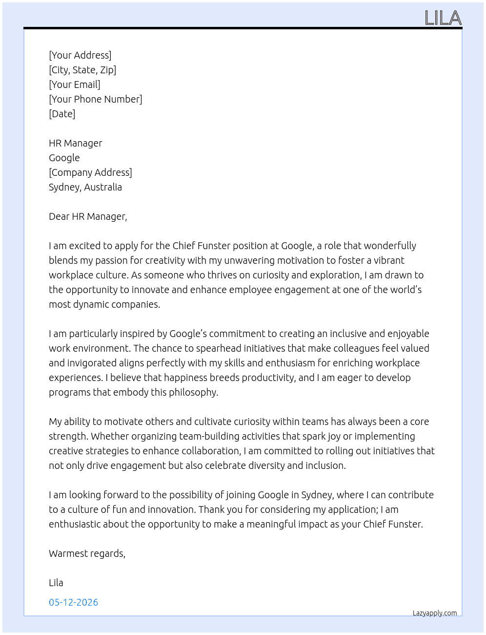 Chief Funster  At Google Cover Letter