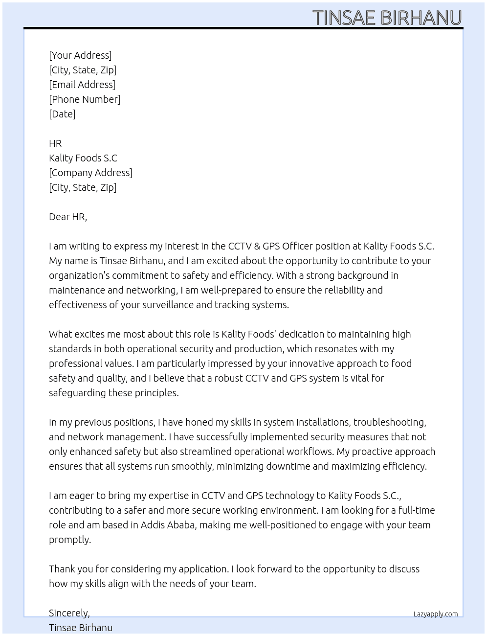 CCTV & GPS Officer At Kality Foods S.C Cover Letter