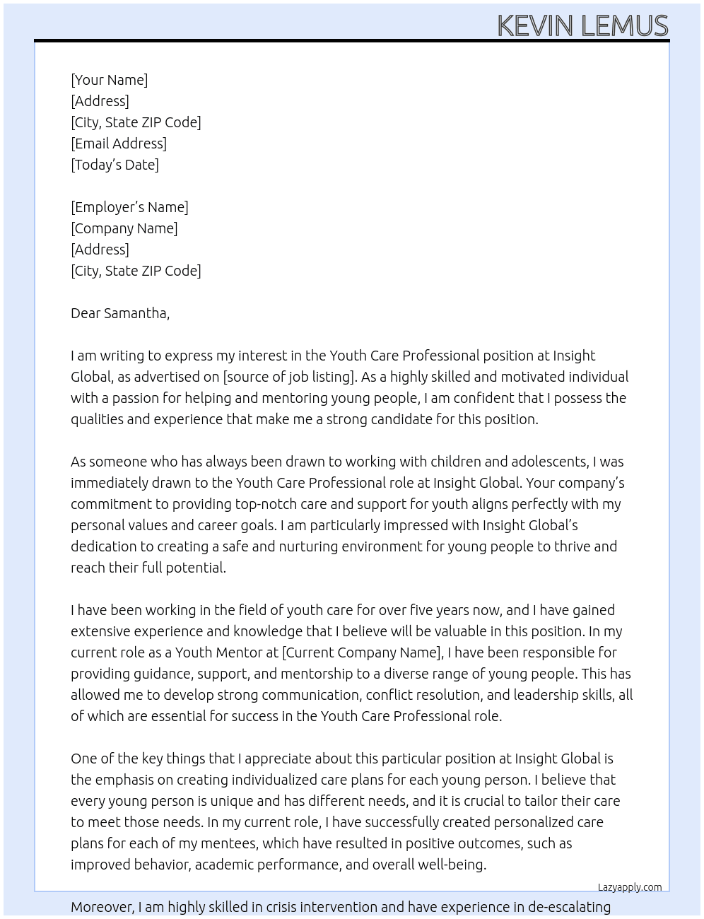 Youth Care Professional At  Insight Global Cover Letter