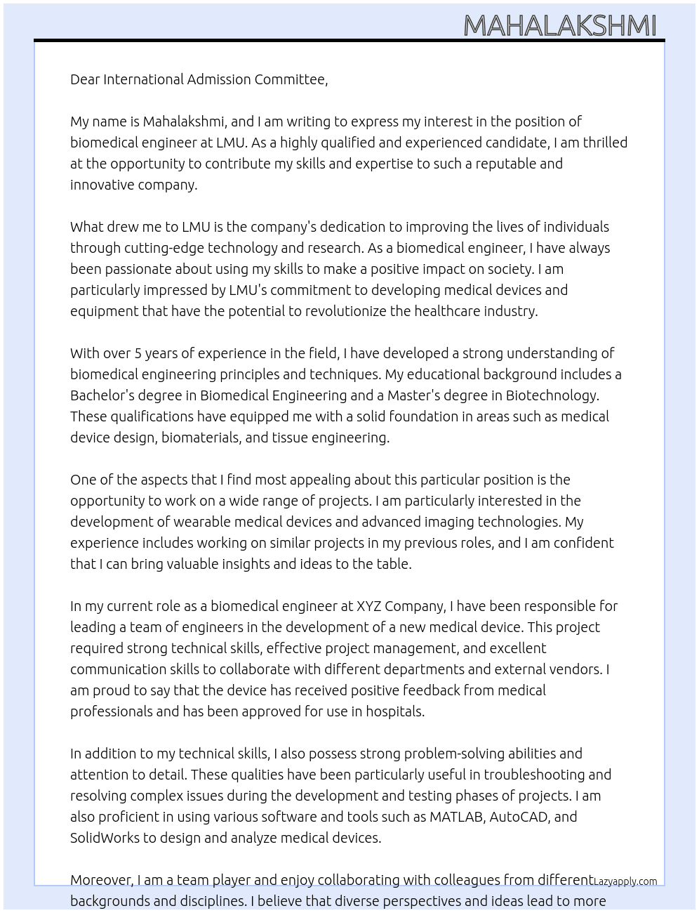 biomedical engineer At LMU  Cover Letter