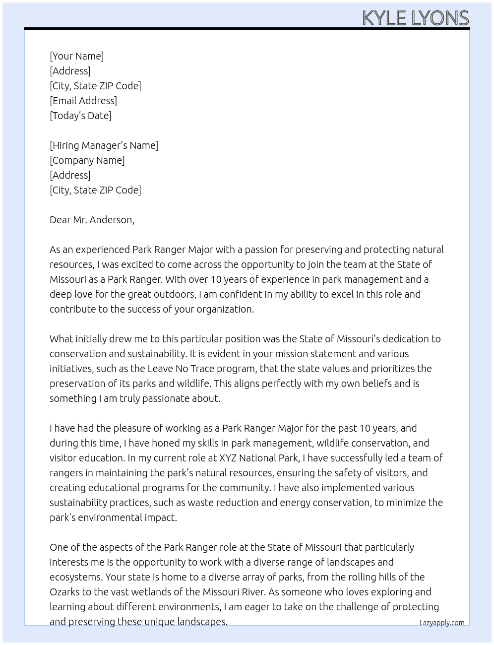 Park Ranger At State of Missouri Cover Letter