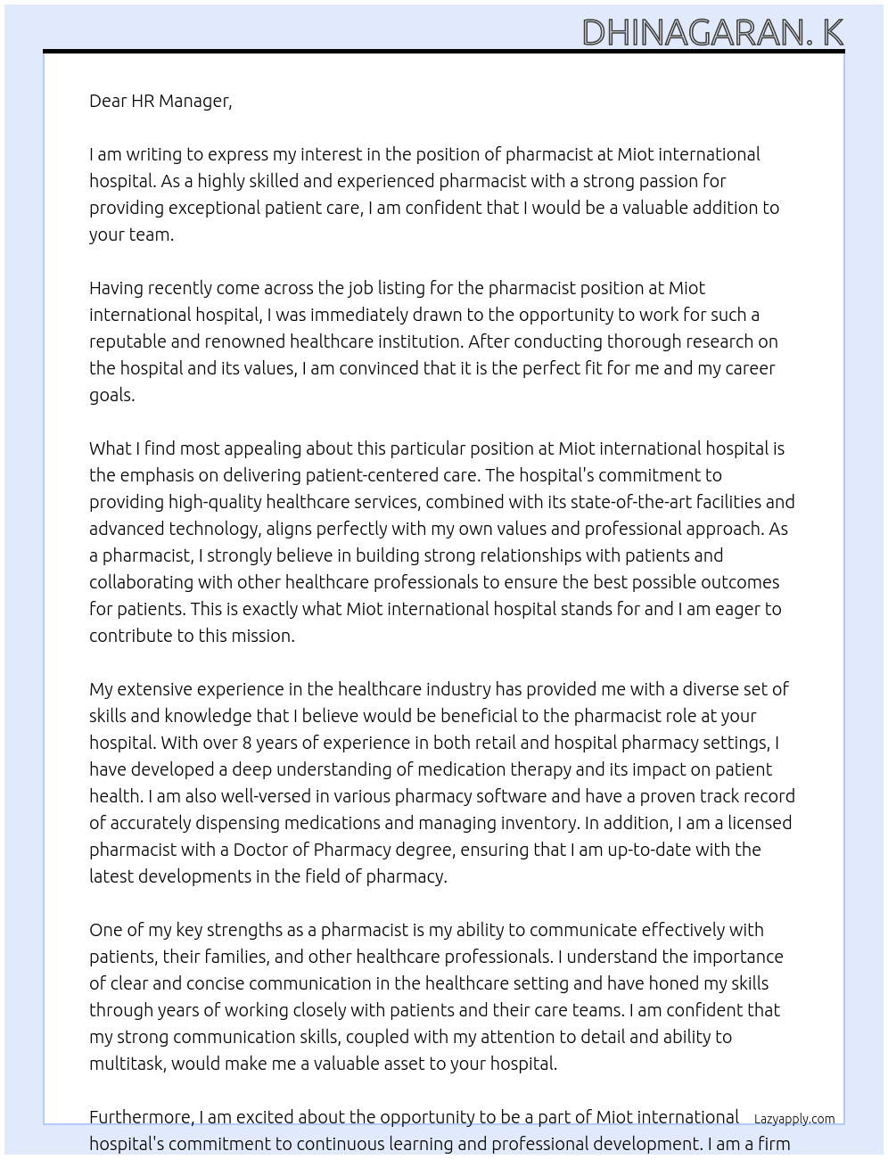 pharmacist  At Miot international hospital  Cover Letter