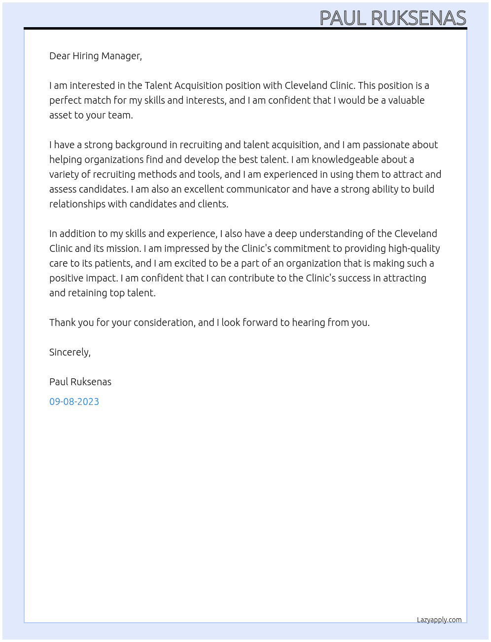 Talent Acquisition At Cleveland Clinic Cover Letter