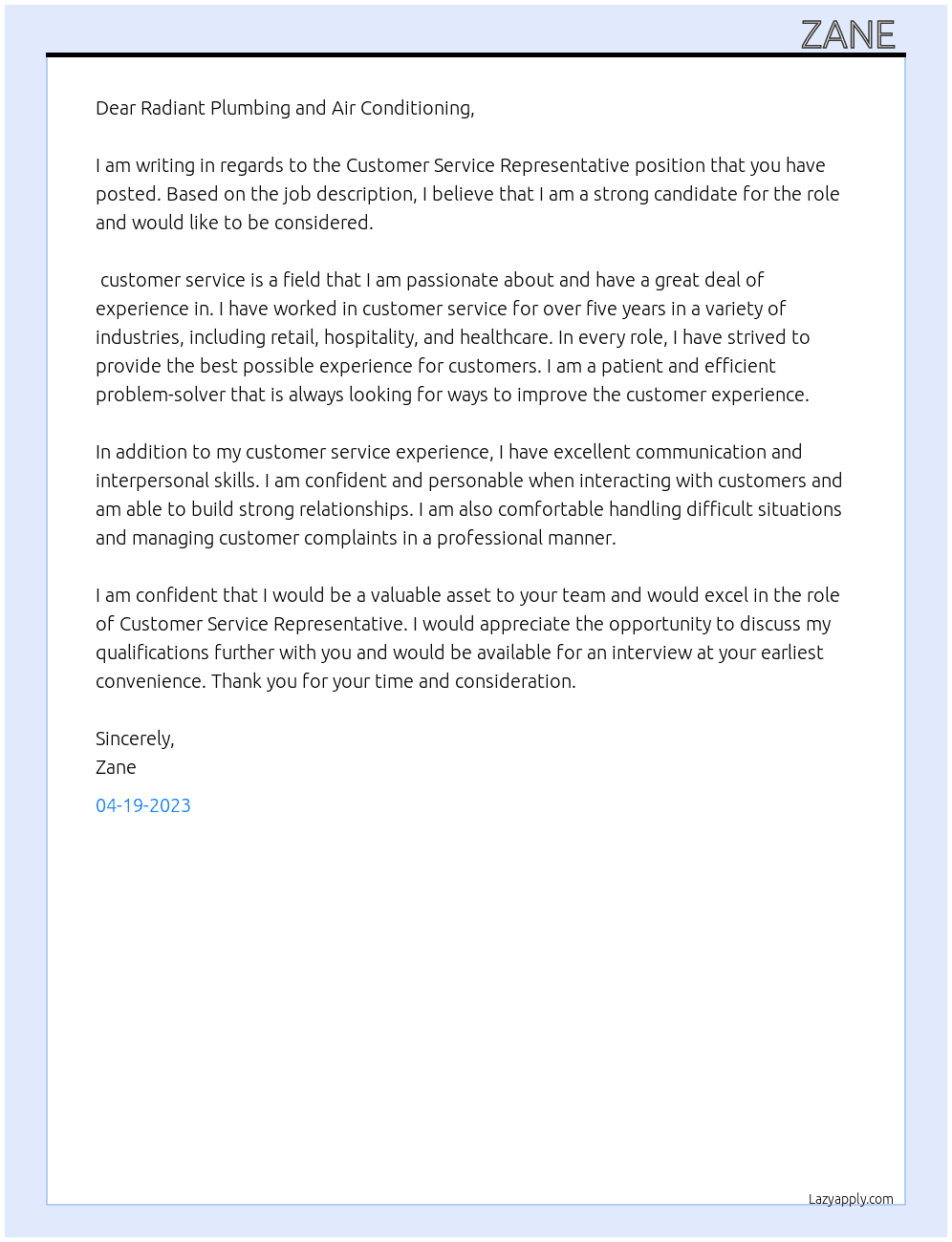 Customer Service Representative  At Radiant Plumbing and Air Conditioning  Cover Letter