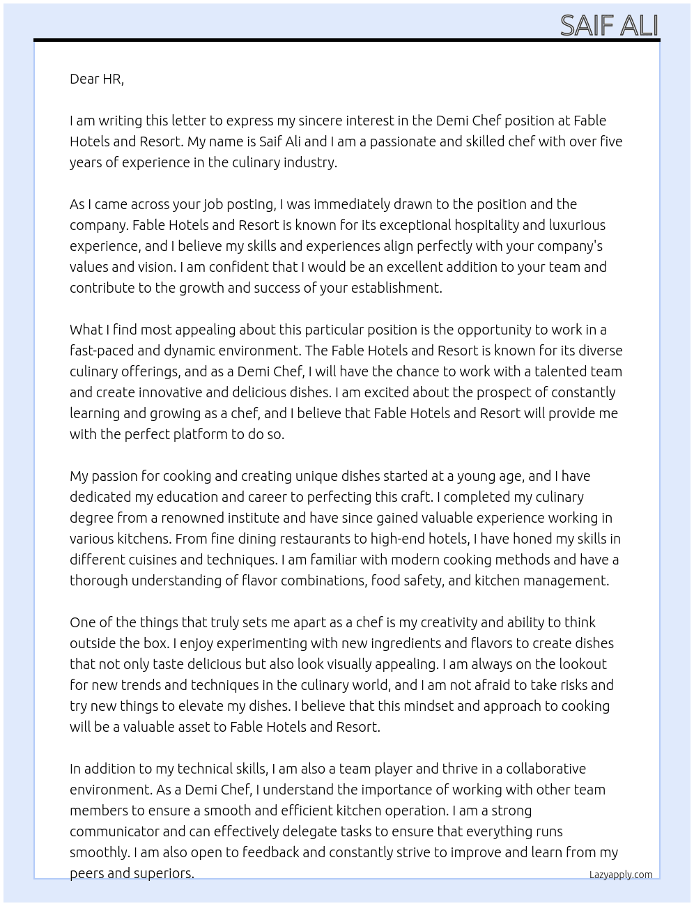 Demi chef  At Fable hotels and resort Cover Letter