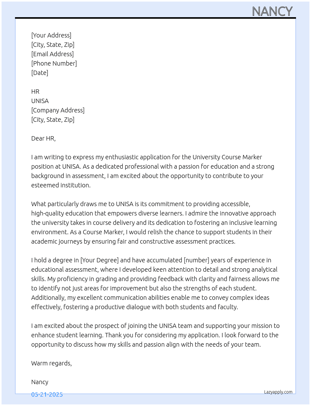 University Course Marker At UNISA Cover Letter