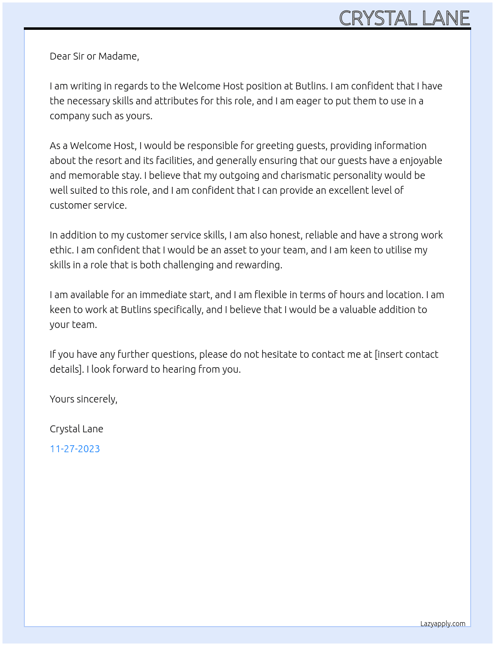 Welcome host  At Butlins Cover Letter