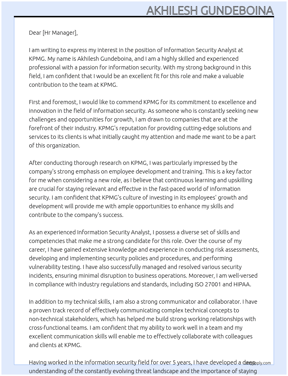 Information security analyst At KPMG Cover Letter