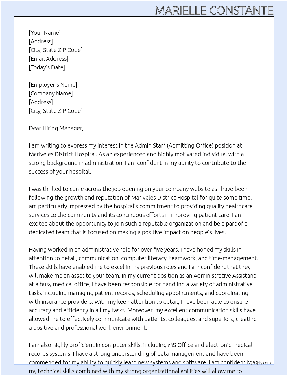 Admin staff (Admitting Office) At Mariveles District Hospital Cover Letter