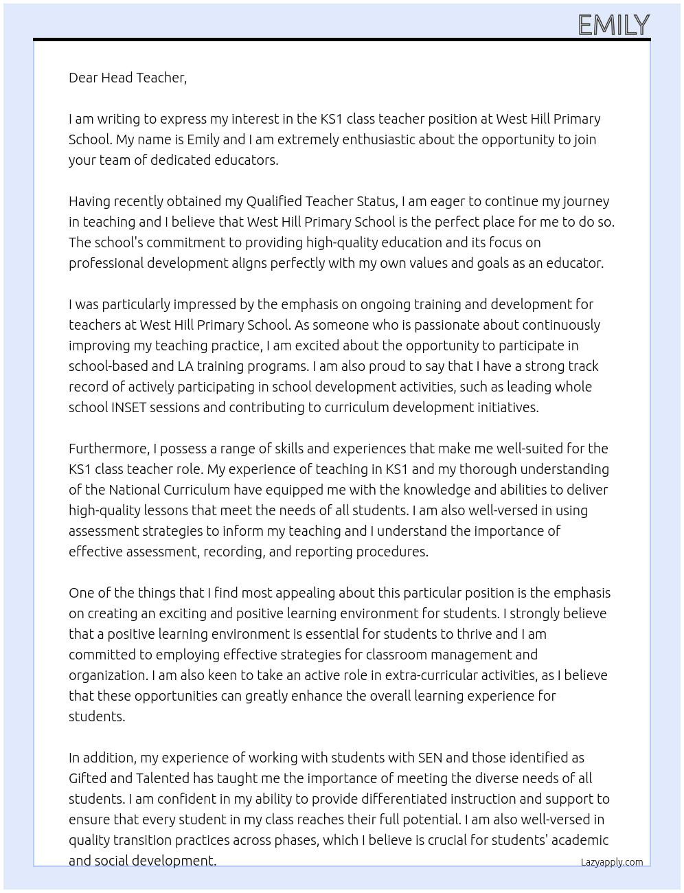 KS1 class teacher At West hill primary school  Cover Letter