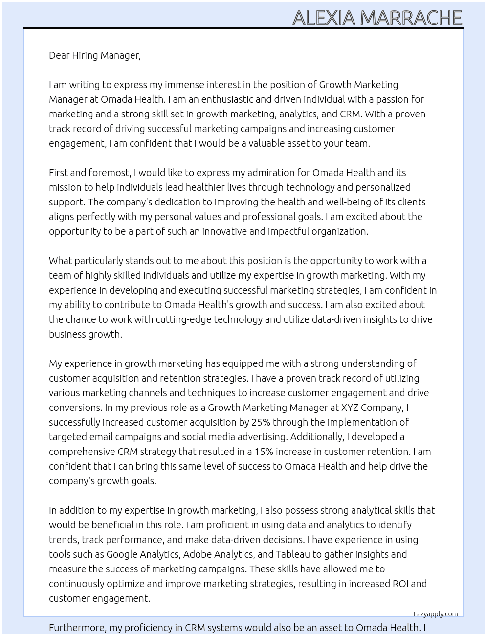 Growth Marketing Manager At Omada Health Cover Letter