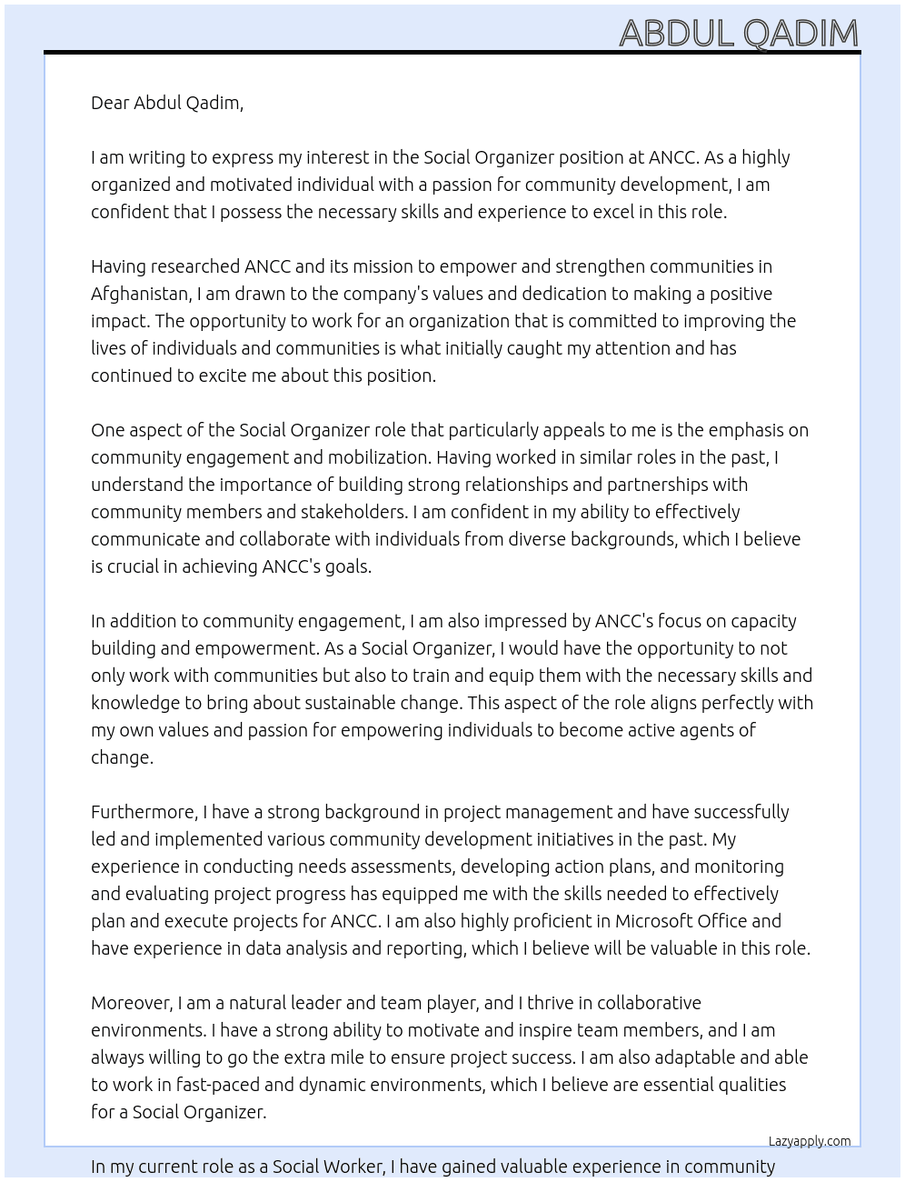 Social organizer  At ANCC Cover Letter
