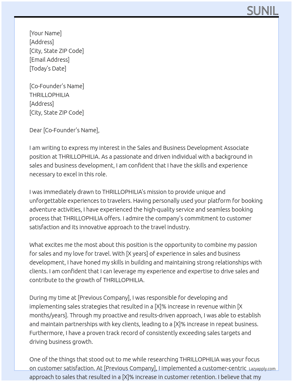 Sales and Business Development Associate At  THRILLOPHILIA Cover Letter