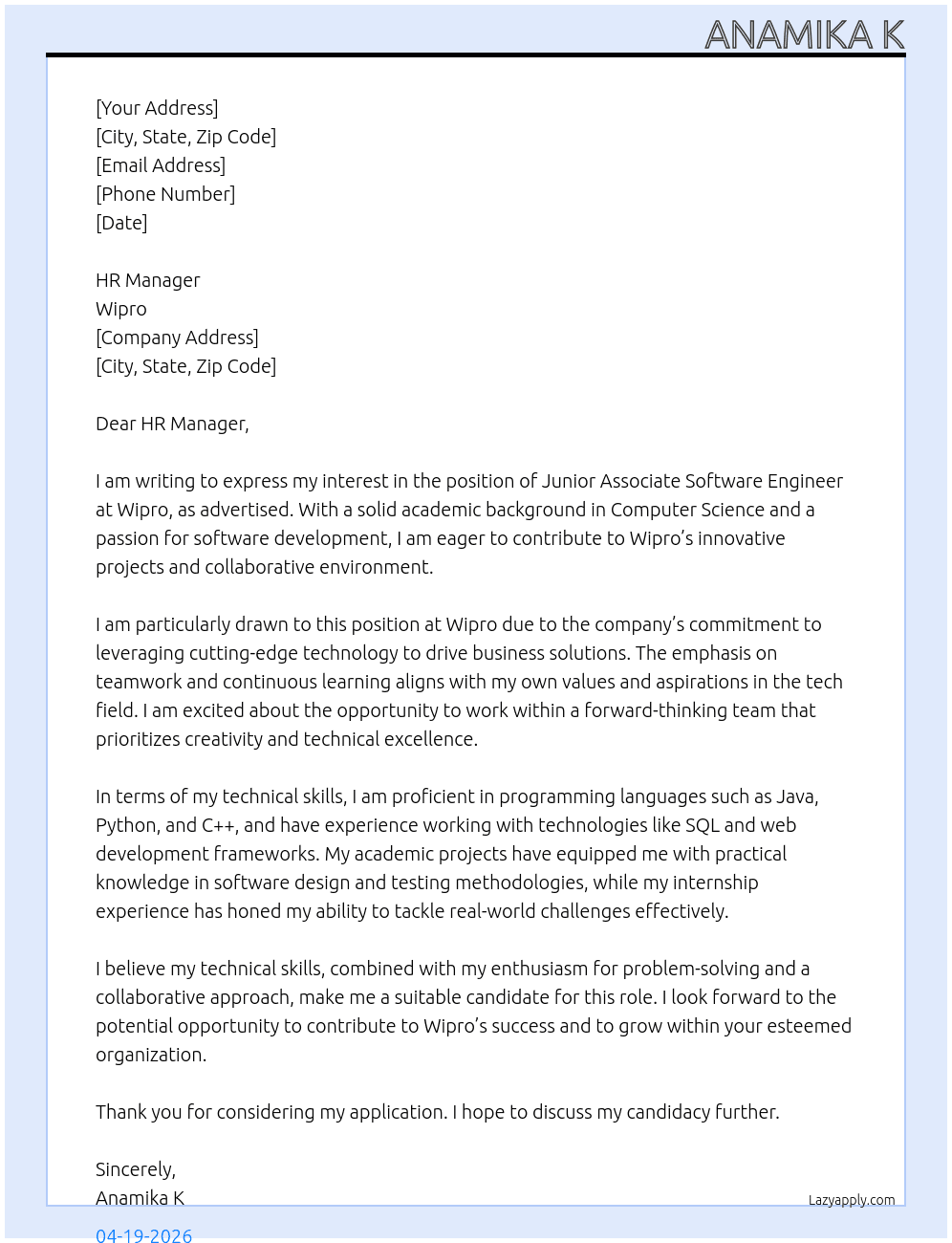 Junior  Associate Software Engineer  At Wipro  Cover Letter