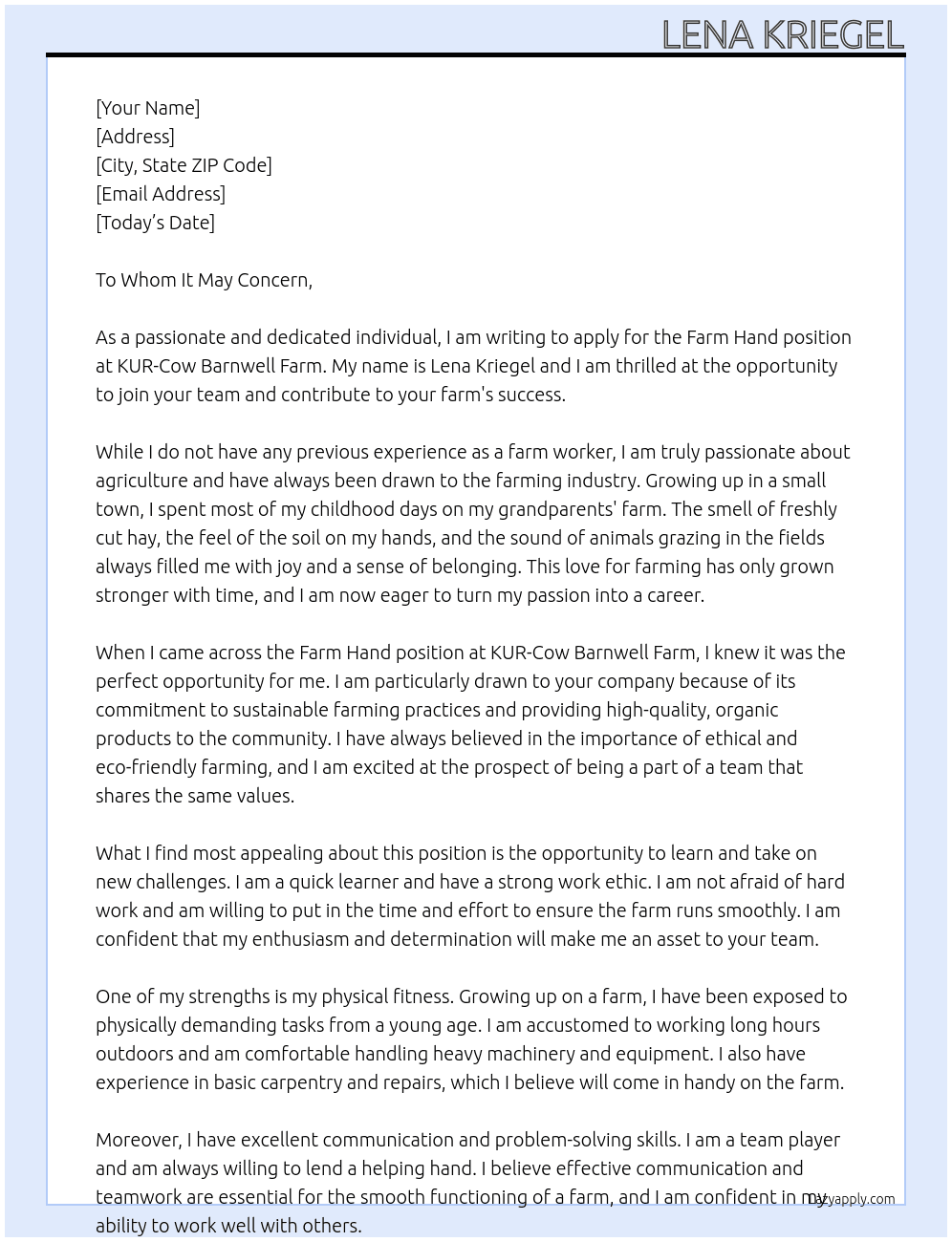 Farm Hand At KUR-Cow Barnwell Farm Cover Letter