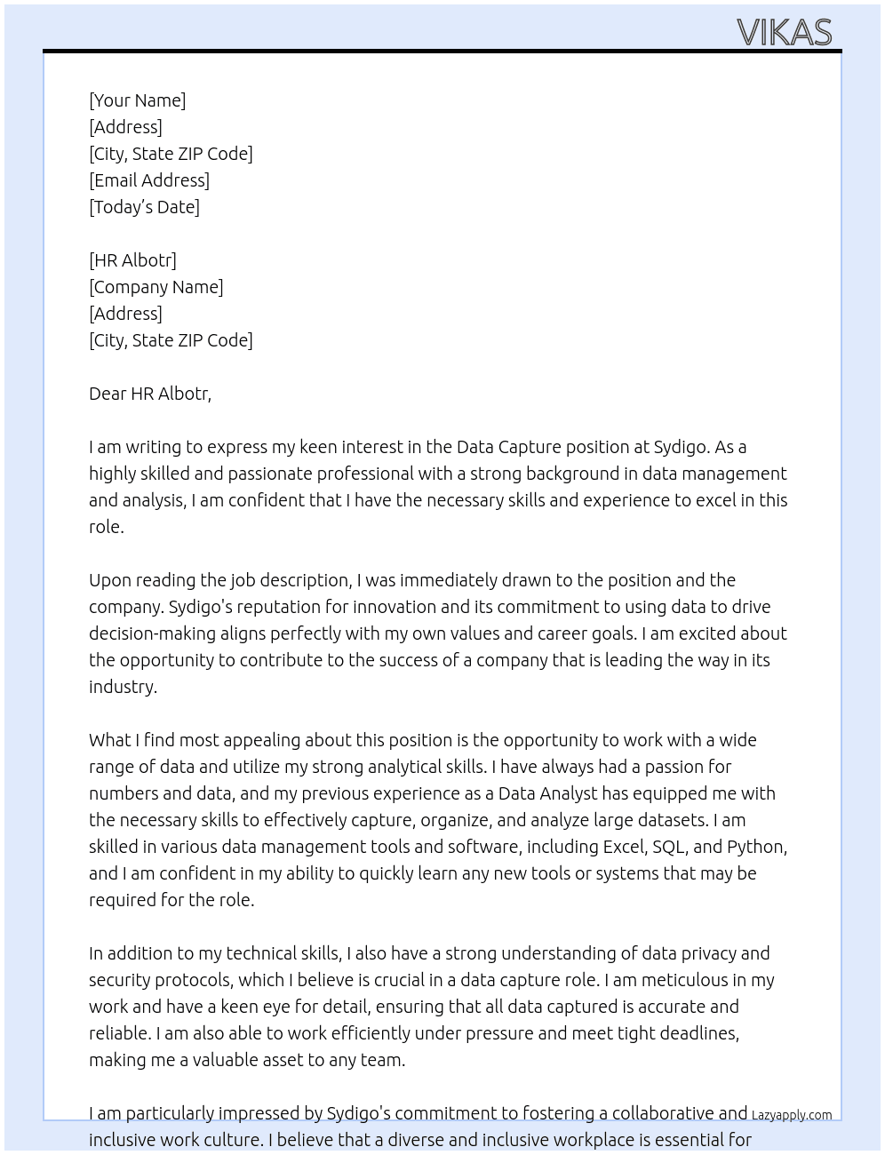 data caputure  At sydigo Cover Letter