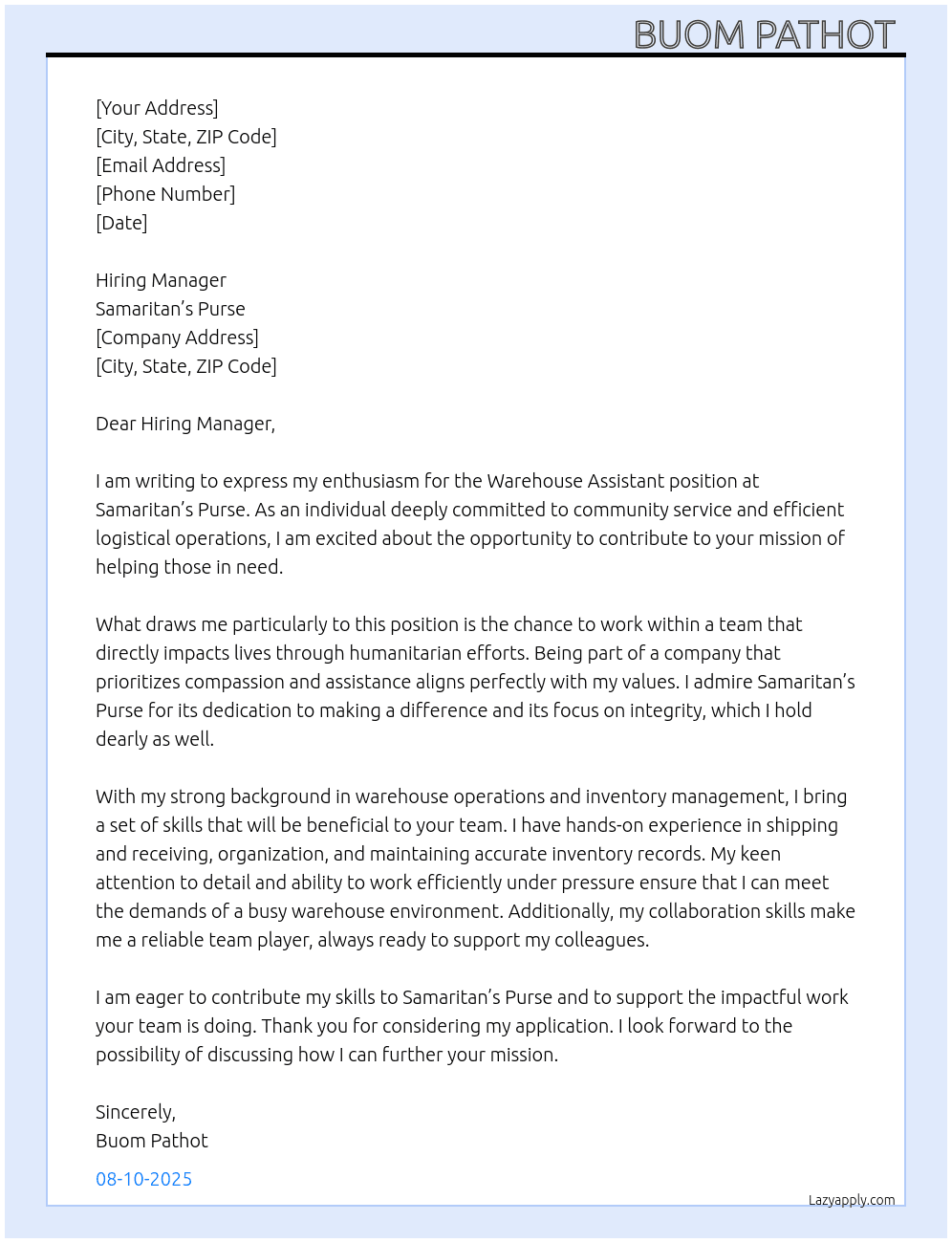 Warehouse assistant  At Samaritan’s purse  Cover Letter