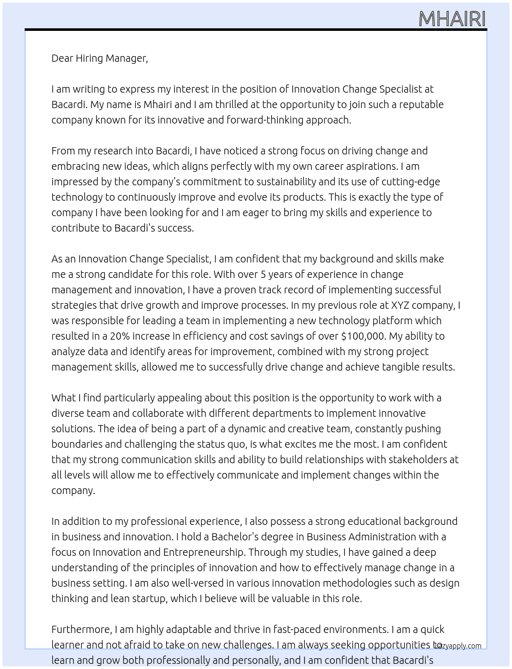 INNOVATION CHANGE SPECIALIS At Bacardi Cover Letter