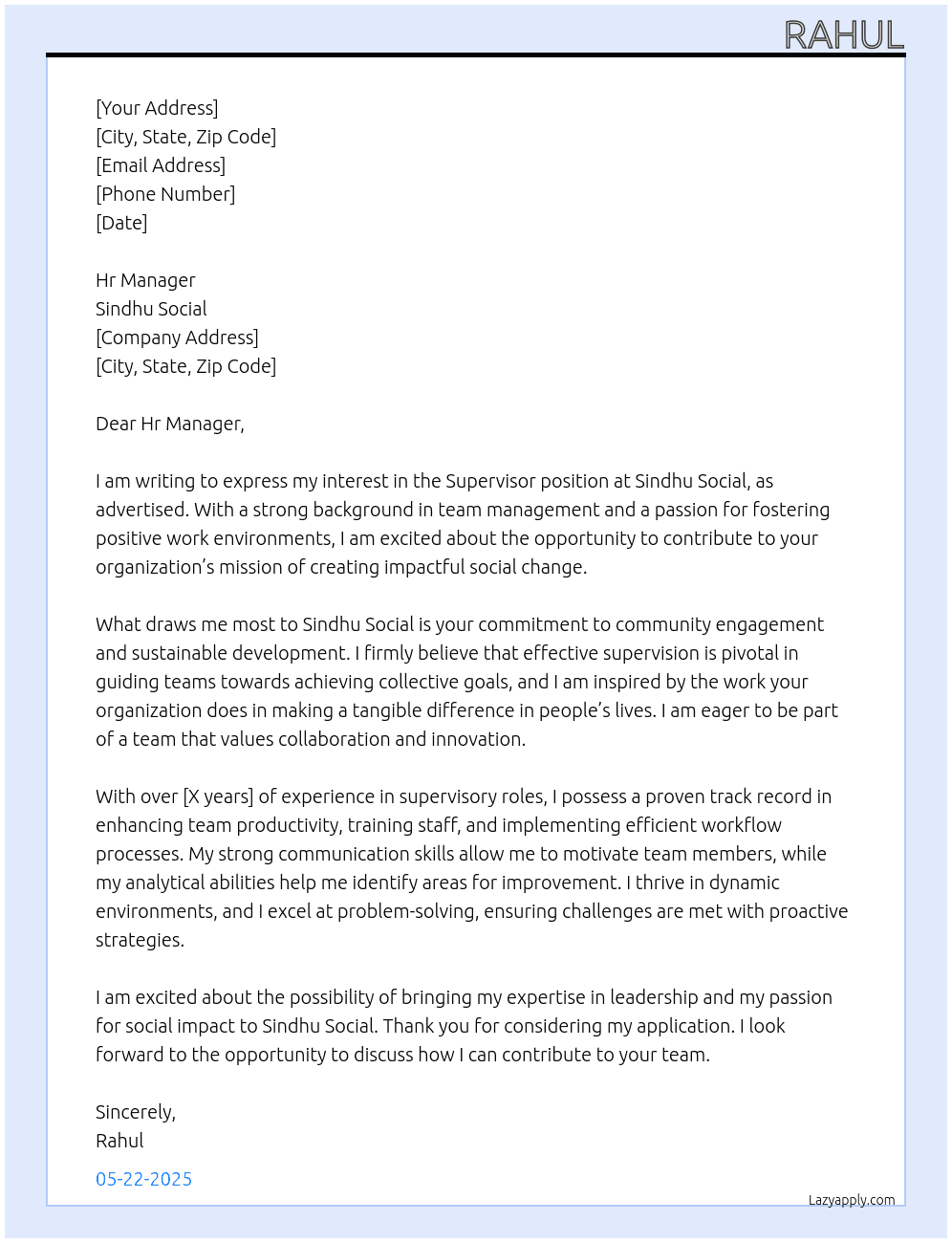 Supervisor At Sindhu Social Cover Letter