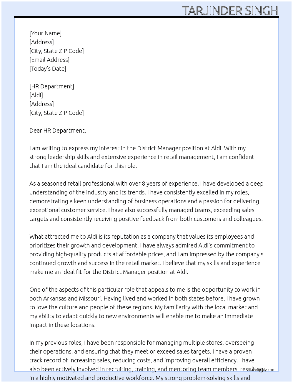 District Manager  At Aldi Cover Letter