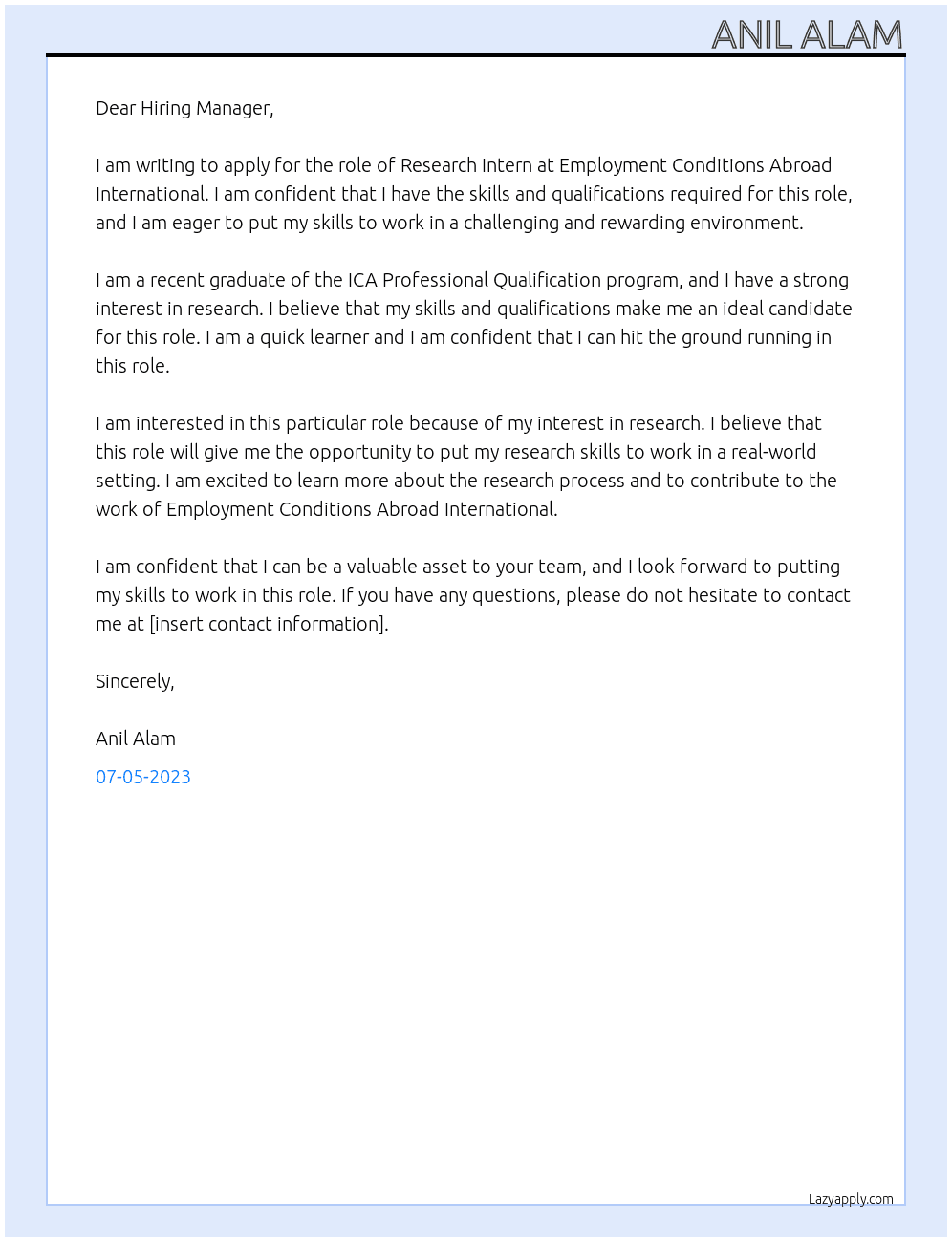 Research Intern At Employment Conditions Abroad International Cover Letter