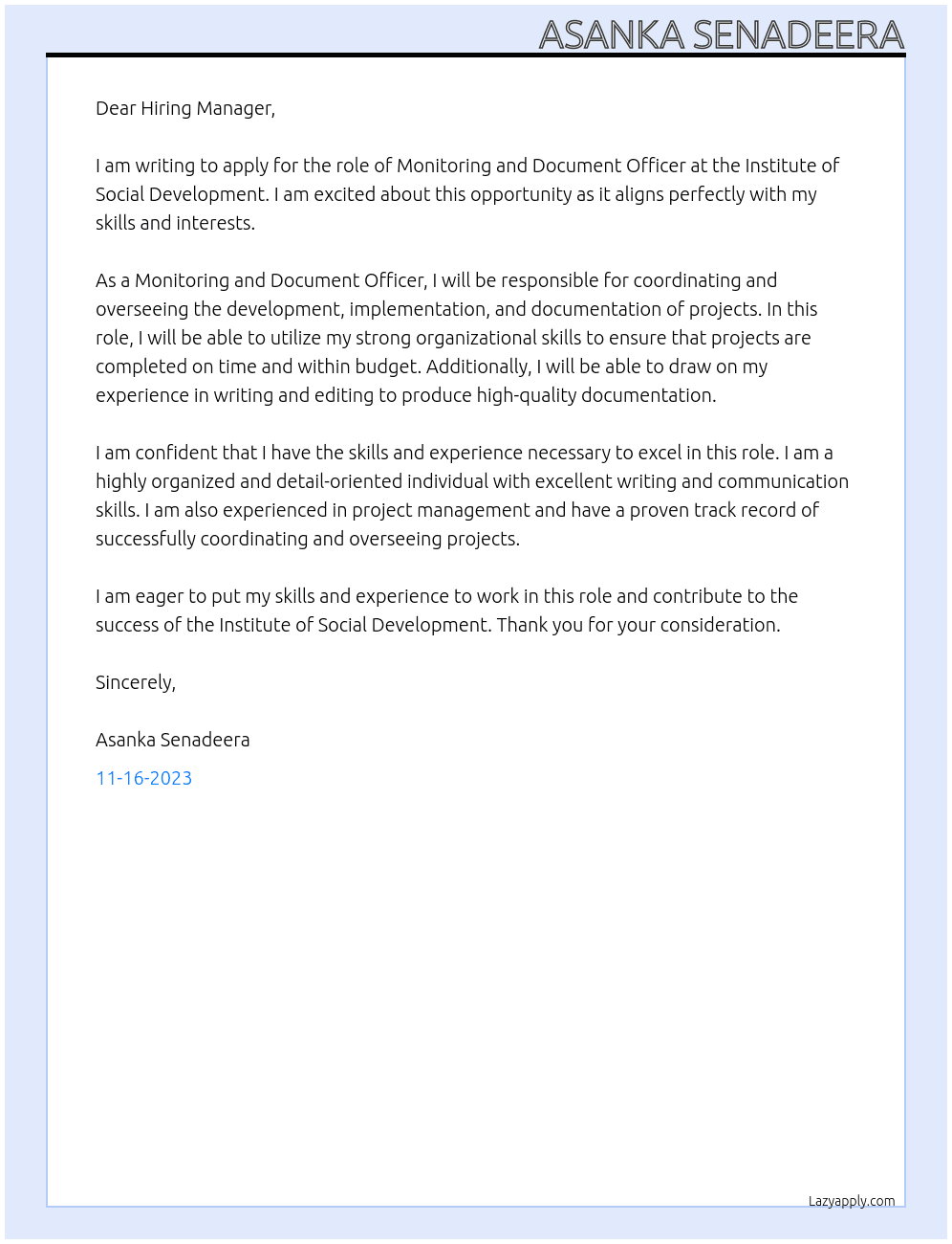 Monitoring and Document Officer  At Institute of Social Development  Cover Letter