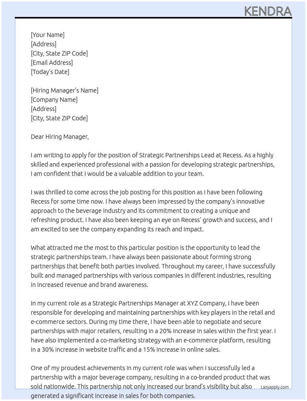 Strategic Partnerships Lead At Recess Cover Letter