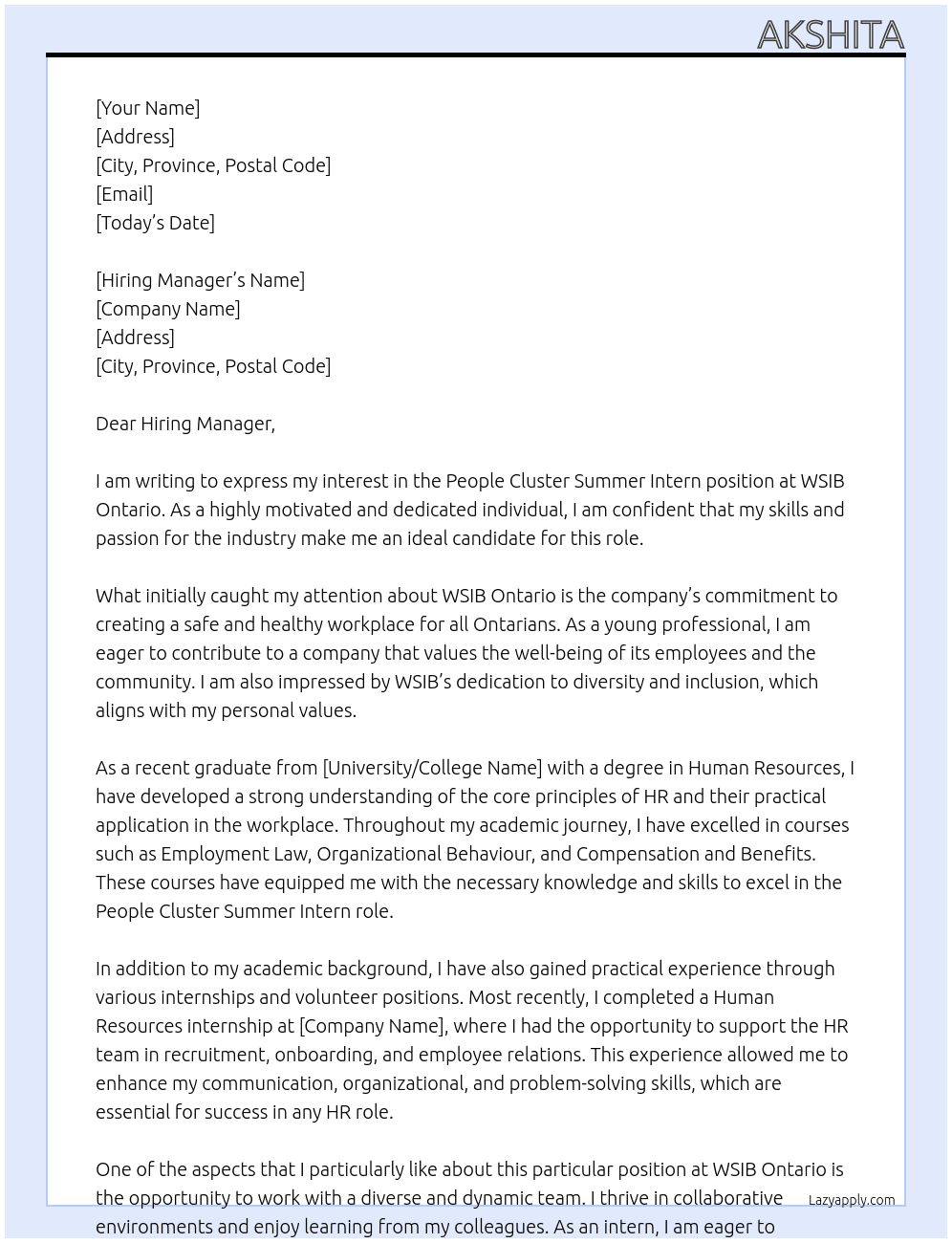 People Cluster Summer Intern At WSIB Ontario Cover Letter