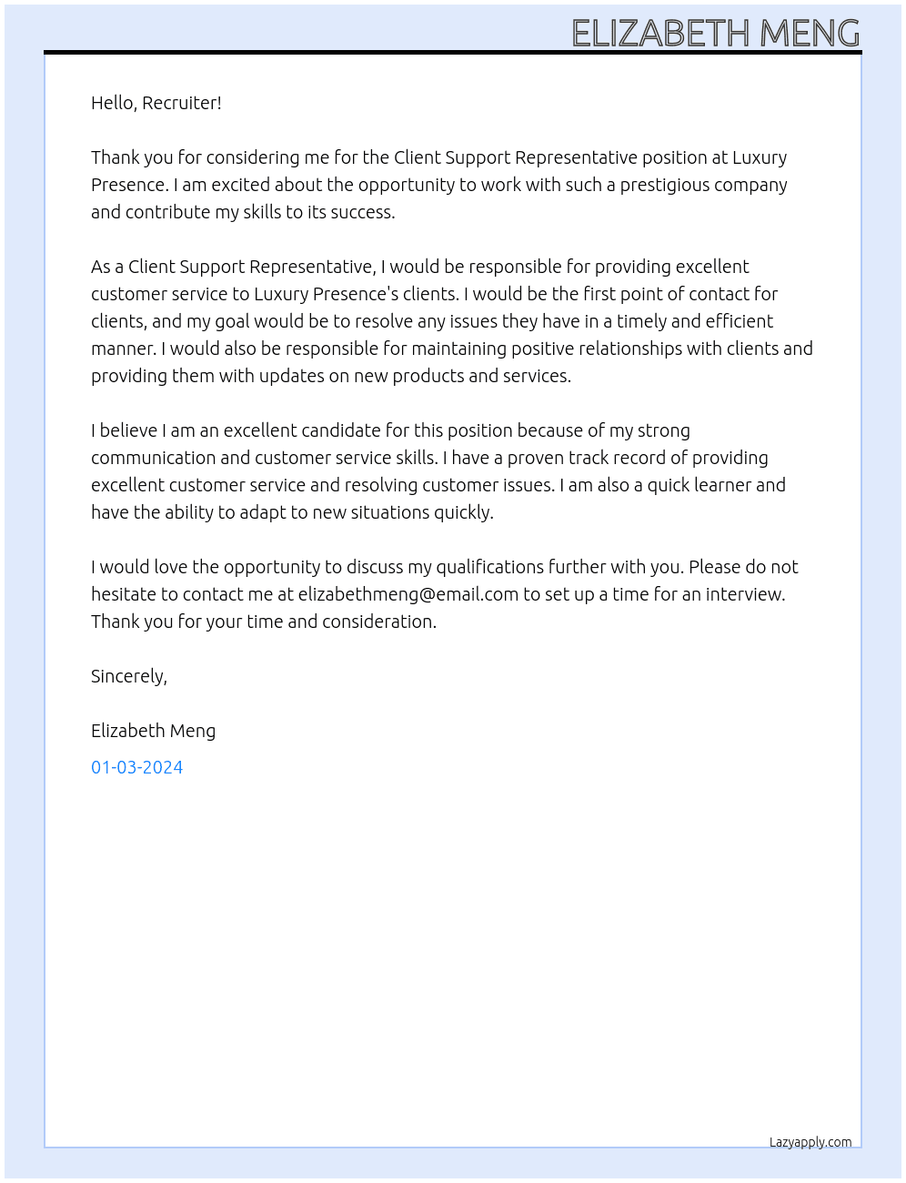 Client Support Representative At Luxury Presence Cover Letter