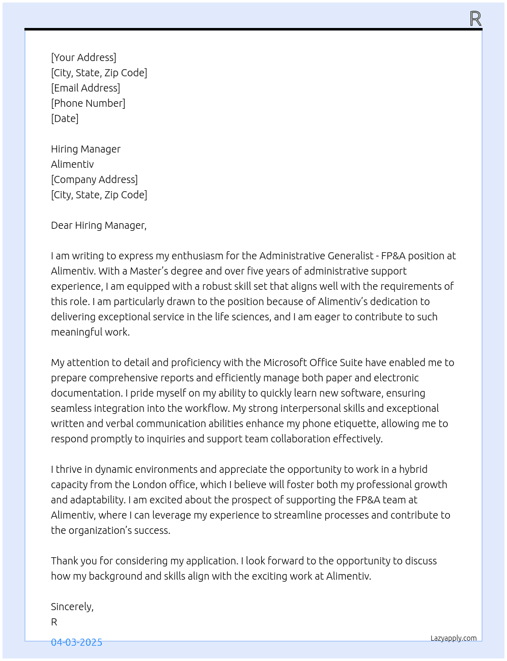 Cover letter for administrative generalist - fp&a - LazyApply