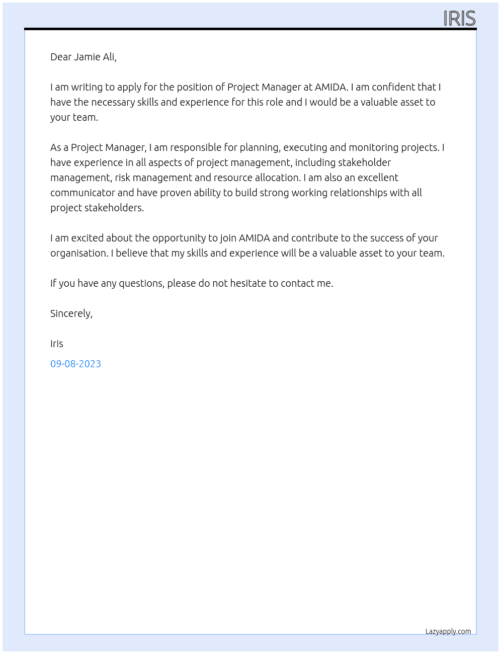 Project manager At AMIDA Cover Letter