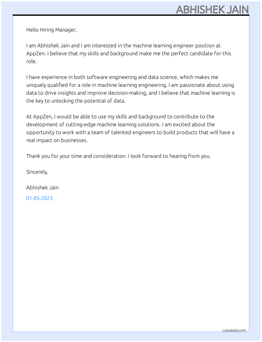 Machine learning engineer  At AppZen Cover Letter