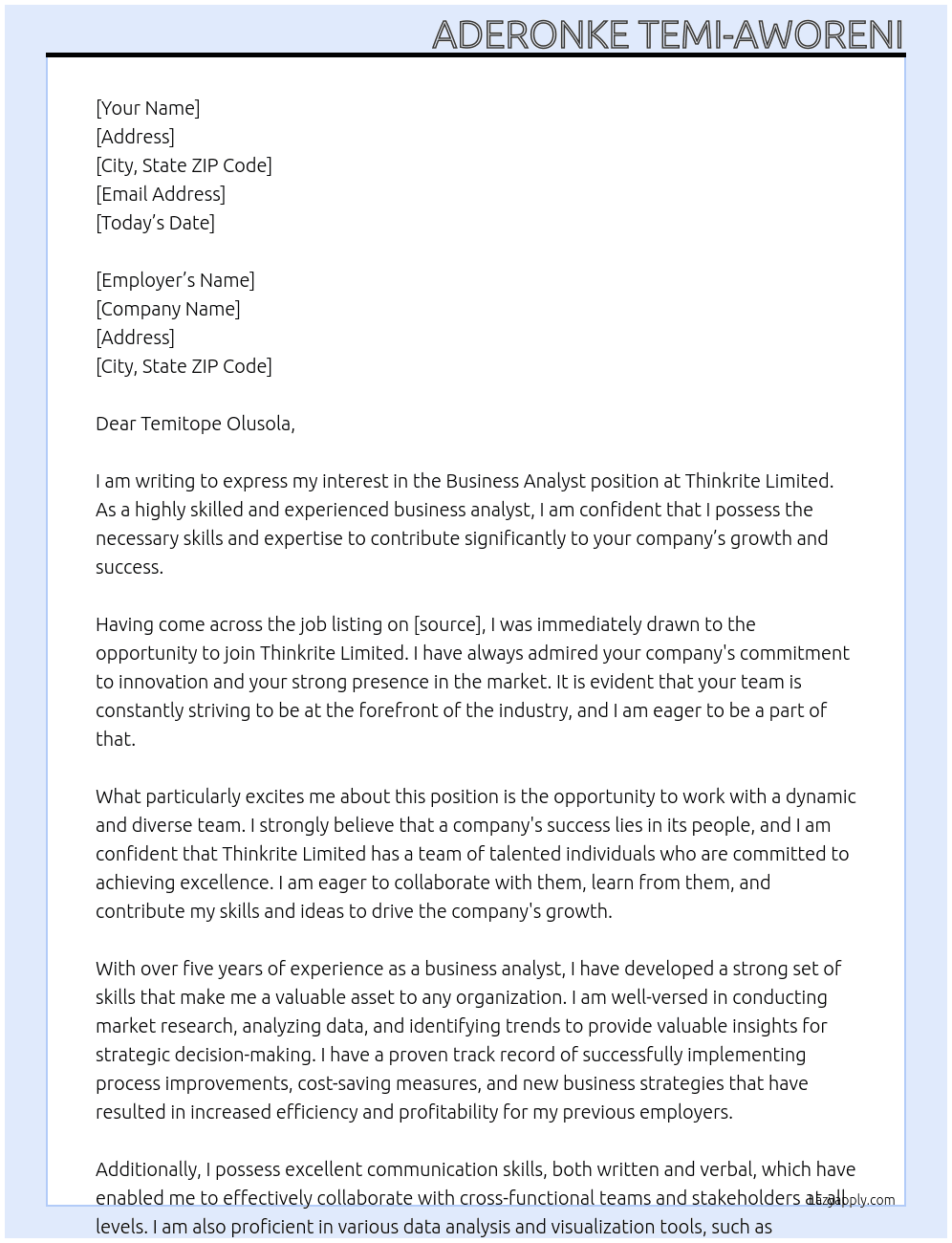 Business Analyst At Thinkrite Limited Cover Letter