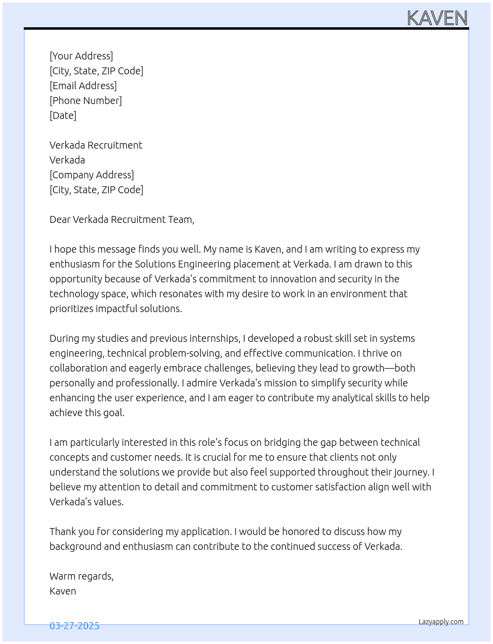 solutions engineering placement At Verkada Cover Letter