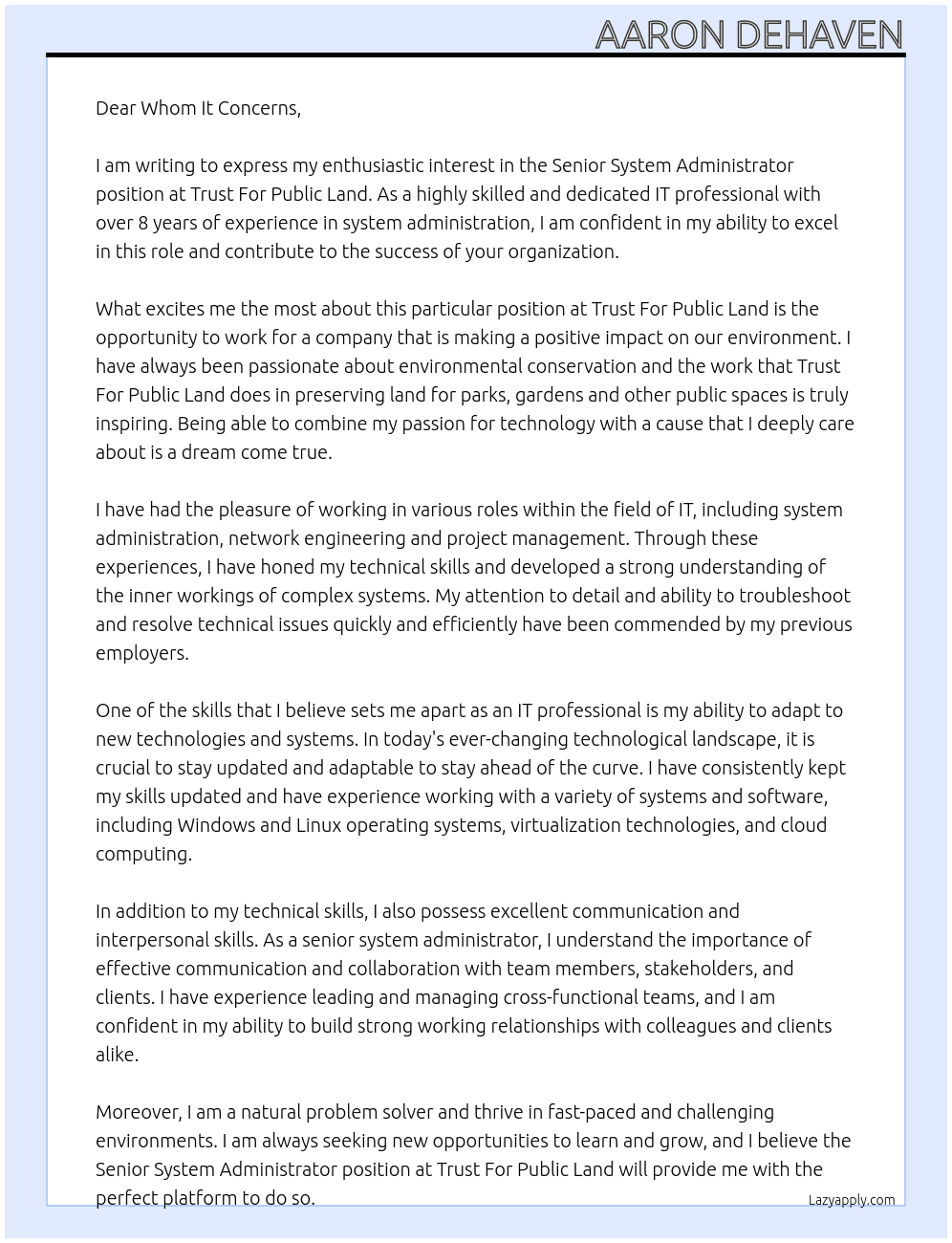 Senior System Administrator At Trust For Public Land Cover Letter