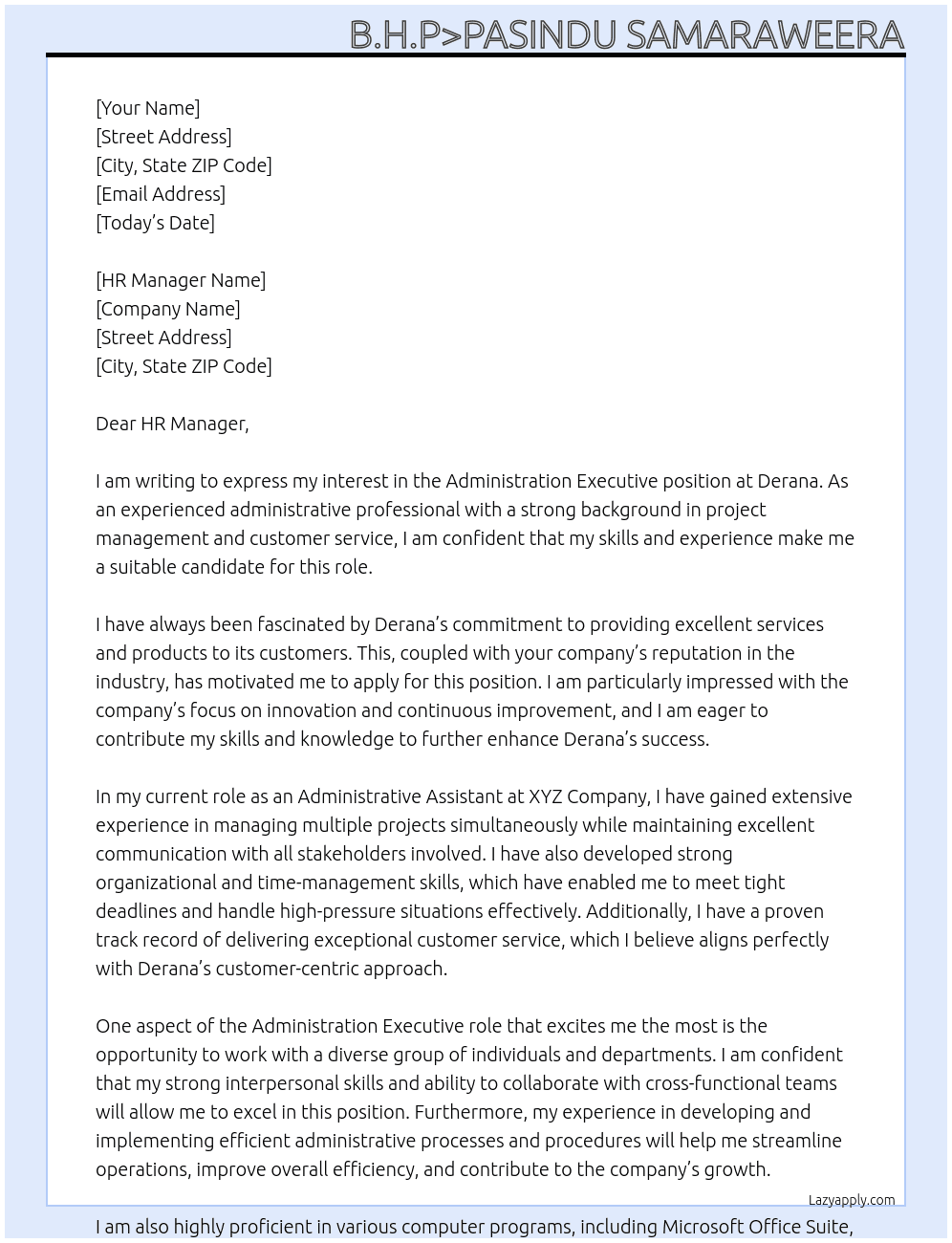 Administation executive At Derana Cover Letter