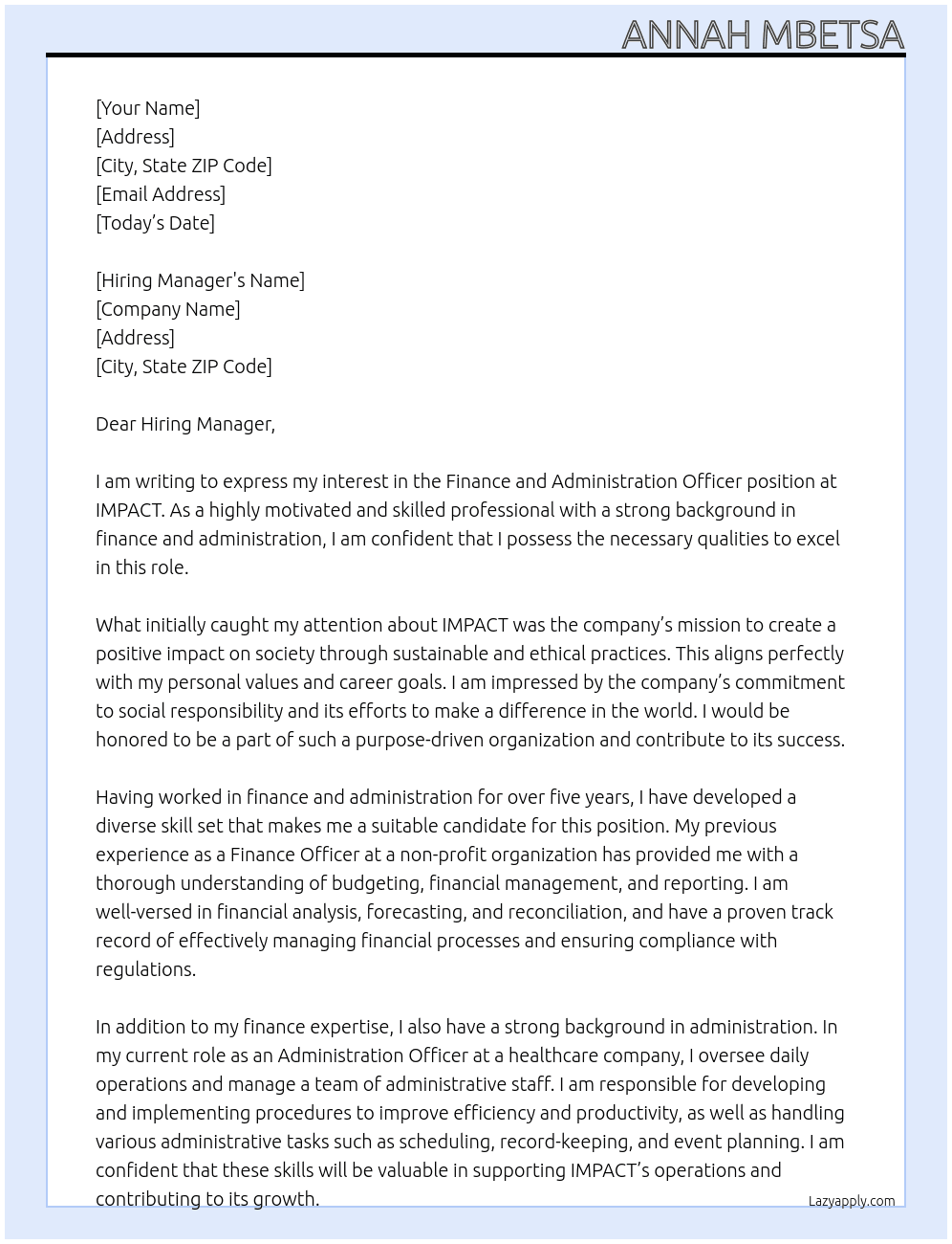 Finance and Adminstration  Officer At IMPACT Cover Letter