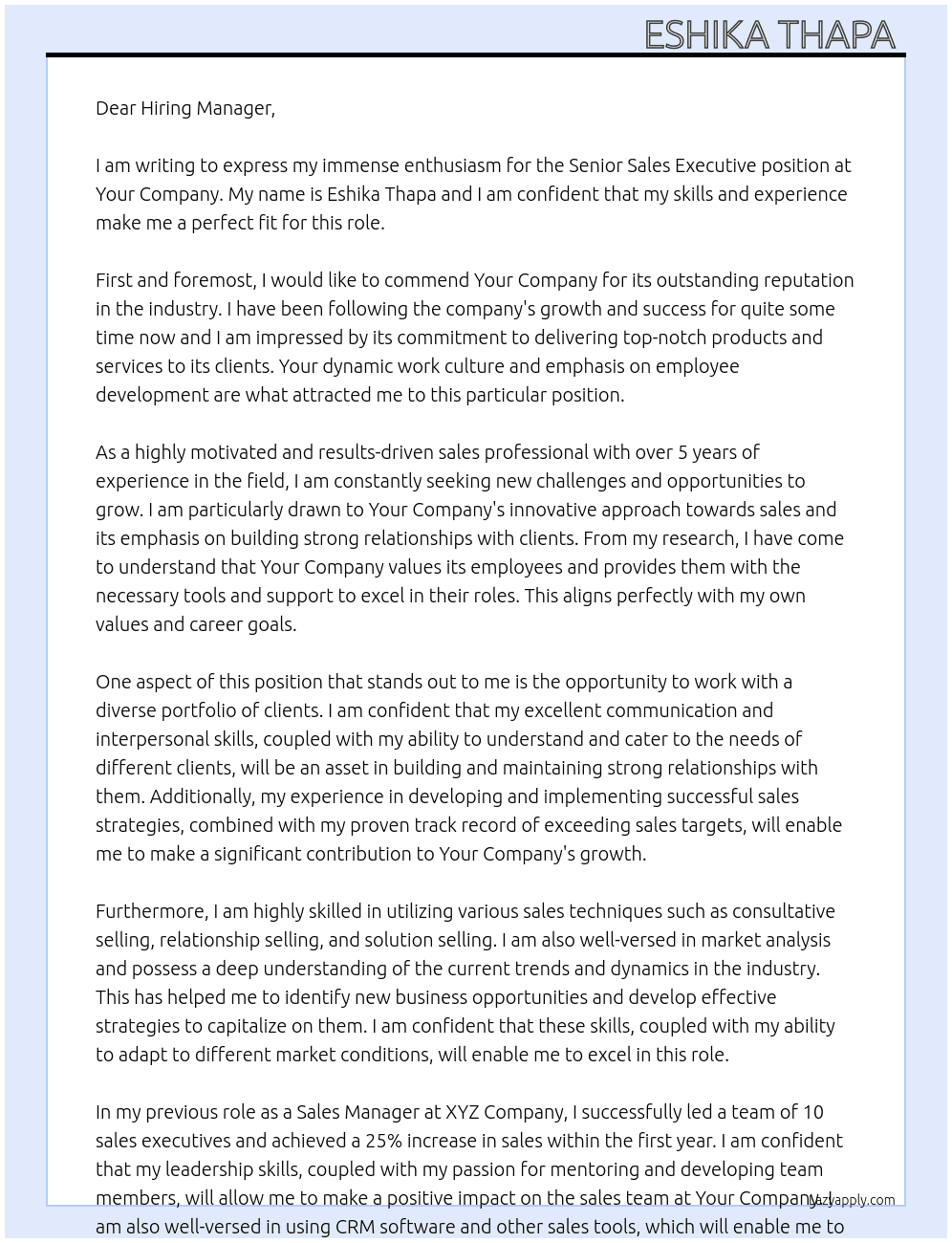 Senior Sales Executive  At Your Company  Cover Letter