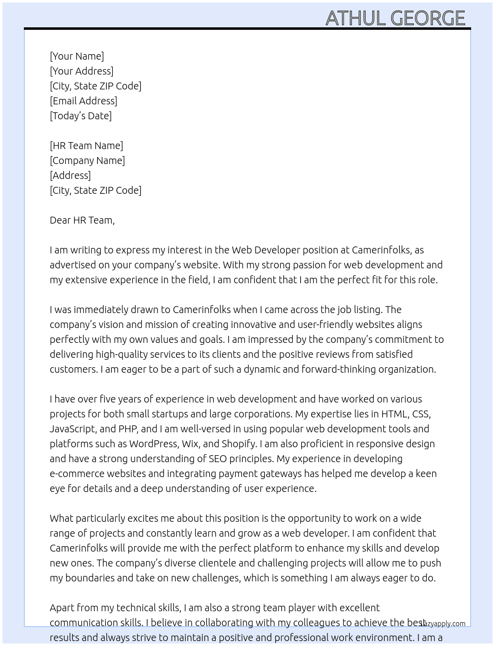 Web developer  At Camerinfolks  Cover Letter