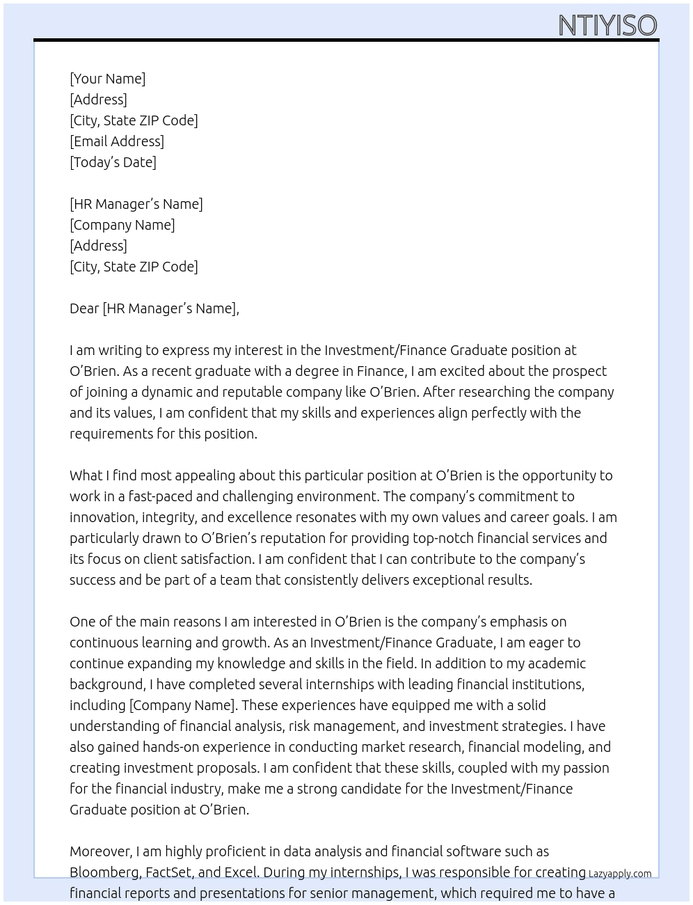 Investment/Finance Graduate At O'brieen Cover Letter