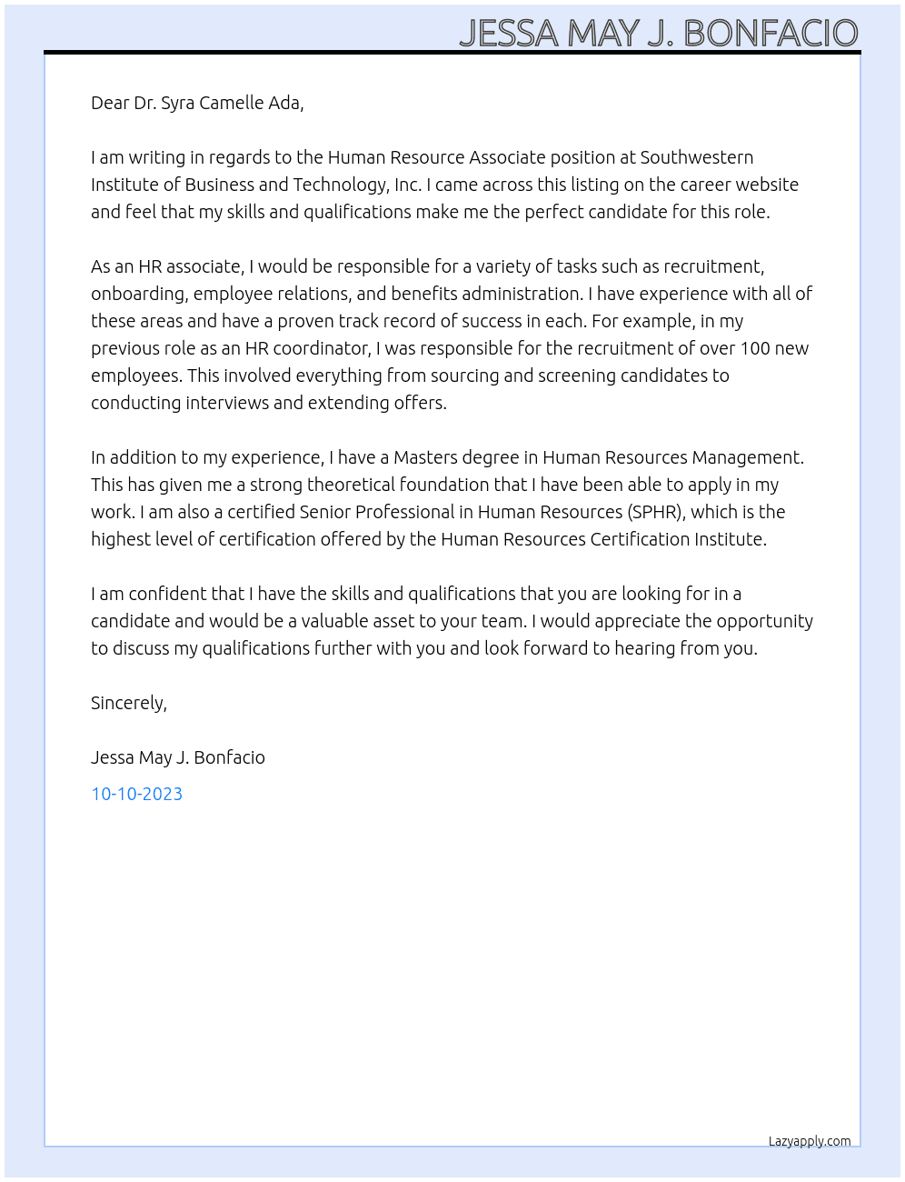 Human Resource Associate  At Southwestern Institute of Business and Technology, Inc. Cover Letter